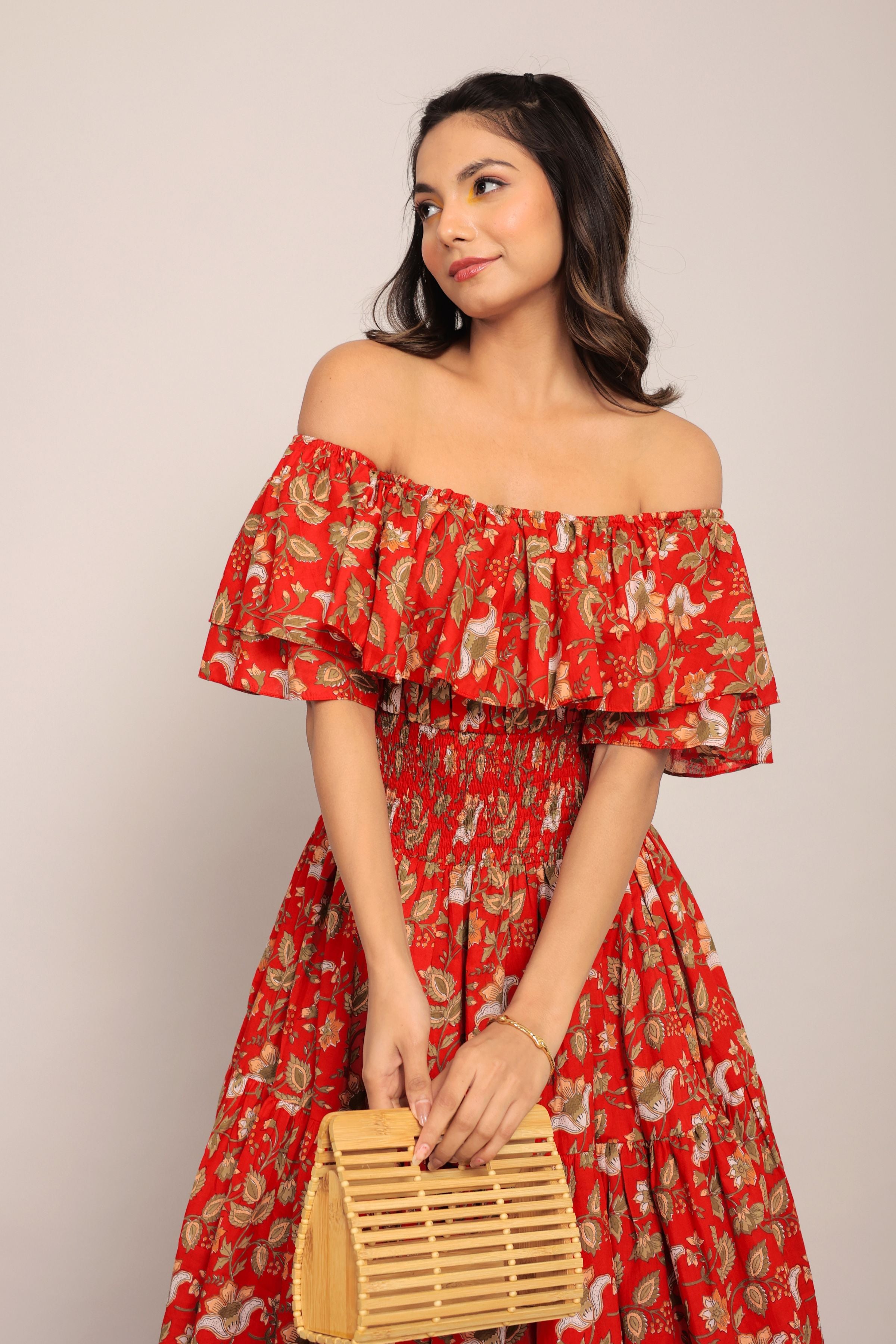 Multicolor Floral Off Shoulder Waist Fitted Midi Dress - Kaoribyshreya