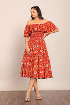 Multicolor Floral Off Shoulder Waist Fitted Midi Dress - Kaoribyshreya