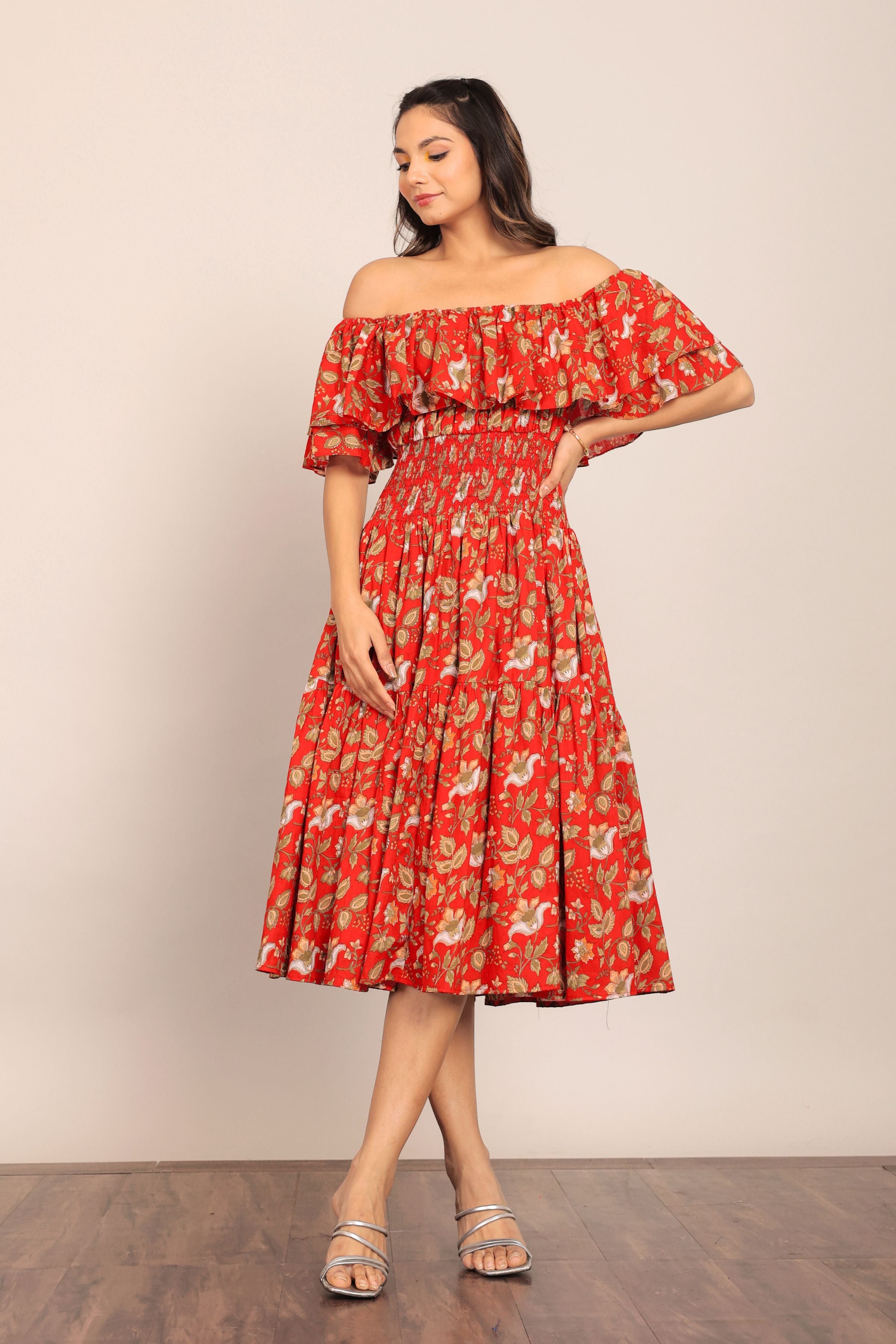Multicolor Floral Off Shoulder Waist Fitted Midi Dress - Kaoribyshreya