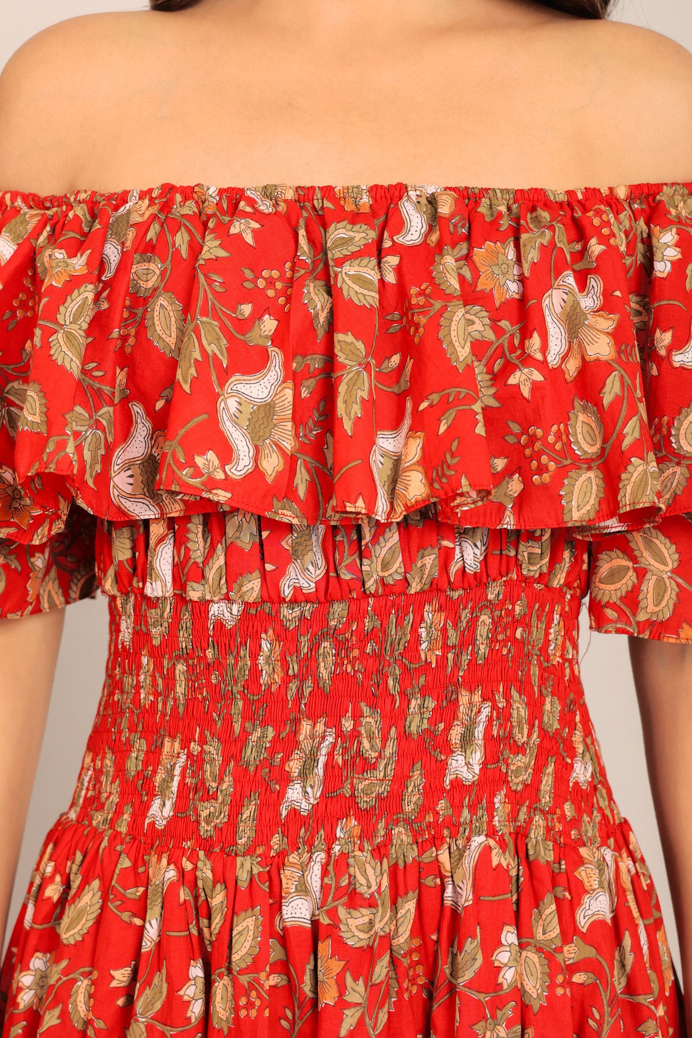 Multicolor Floral Off Shoulder Waist Fitted Midi Dress - Kaoribyshreya