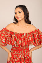 Multicolor Floral Off Shoulder Waist Fitted Midi Dress - Kaoribyshreya