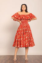 Multicolor Floral Off Shoulder Waist Fitted Midi Dress - Kaoribyshreya
