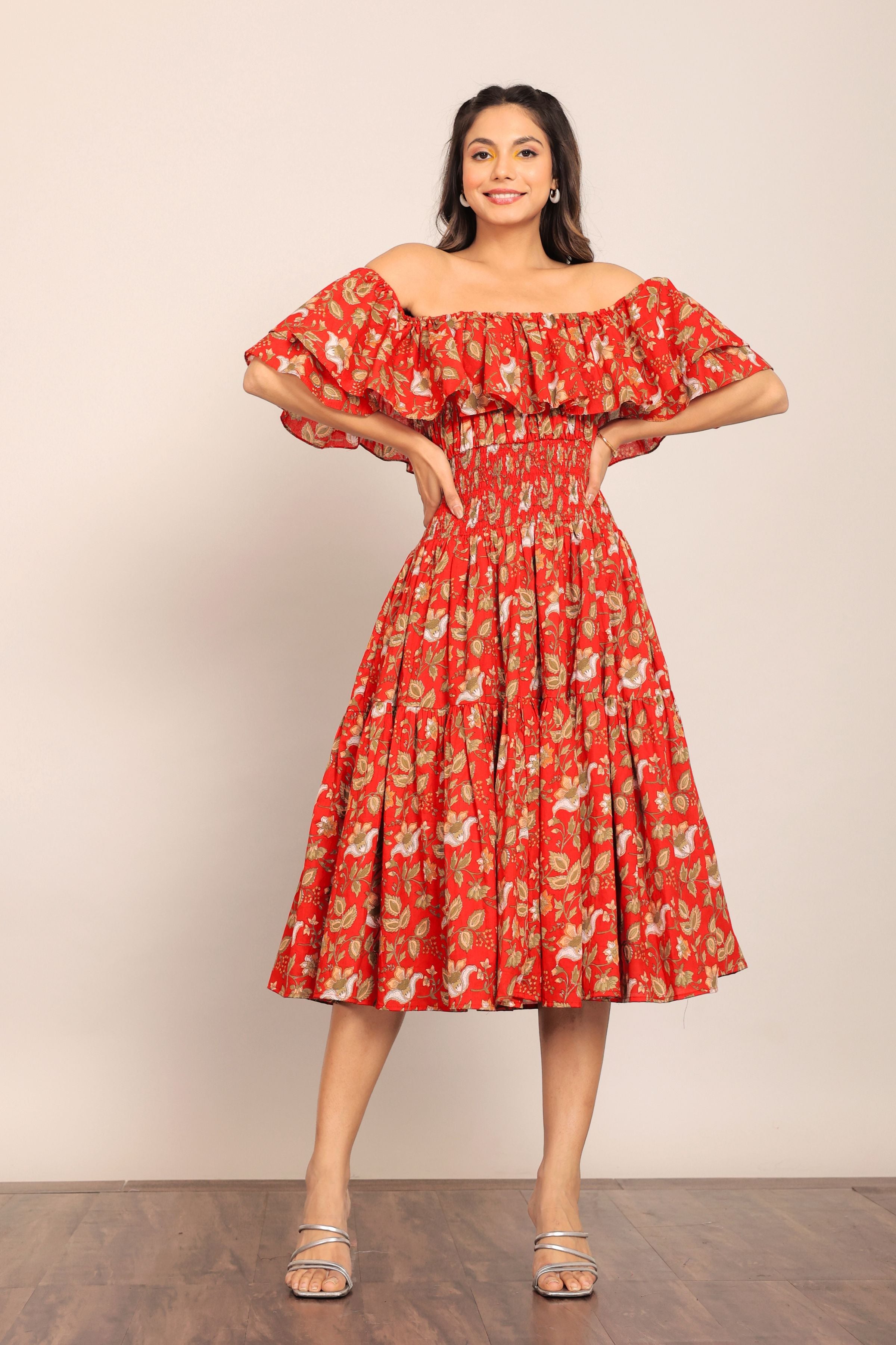Multicolor Floral Off Shoulder Waist Fitted Midi Dress - Kaoribyshreya