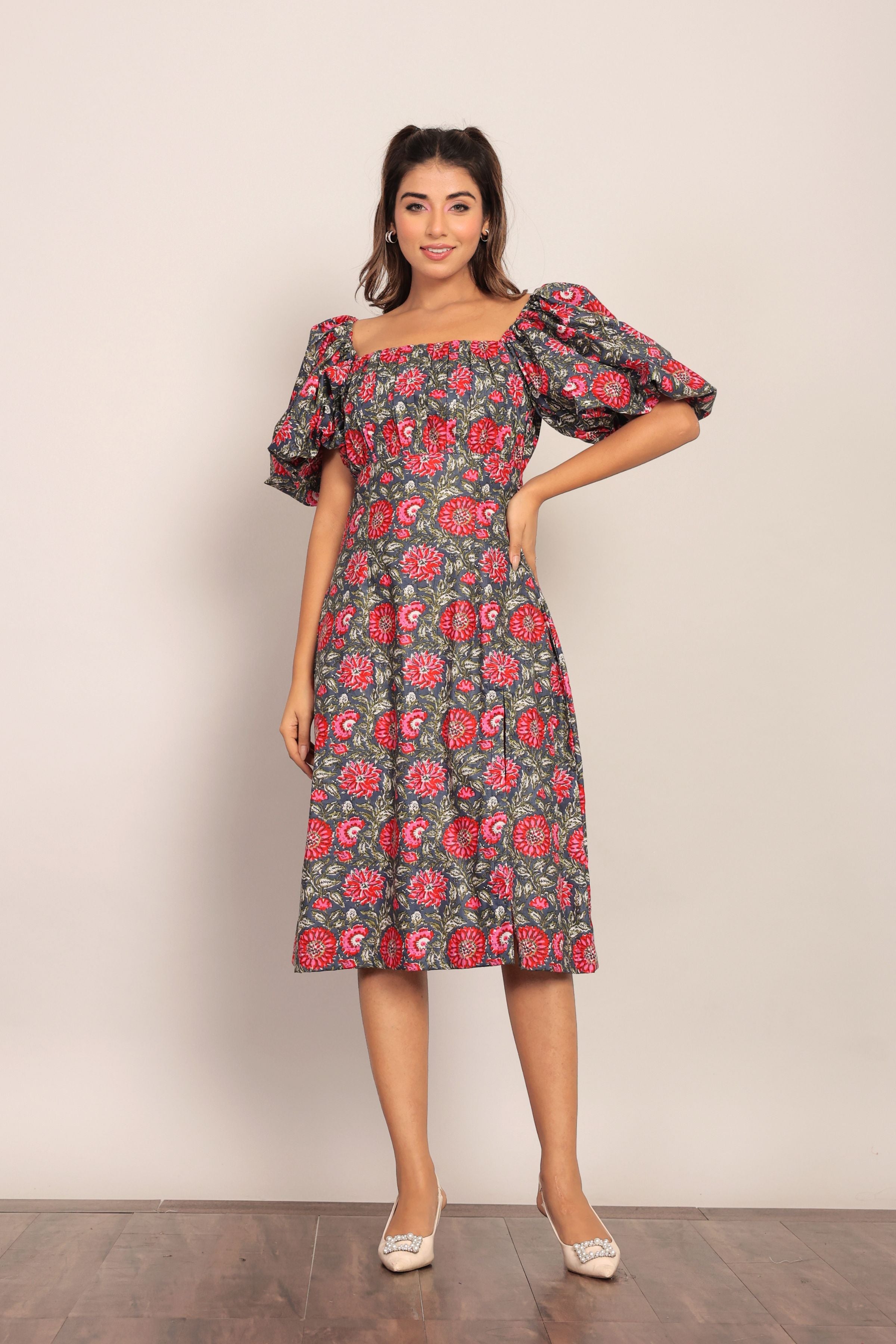 Multicolor Floral Midi Dress With Side Cut Out - Kaoribyshreya