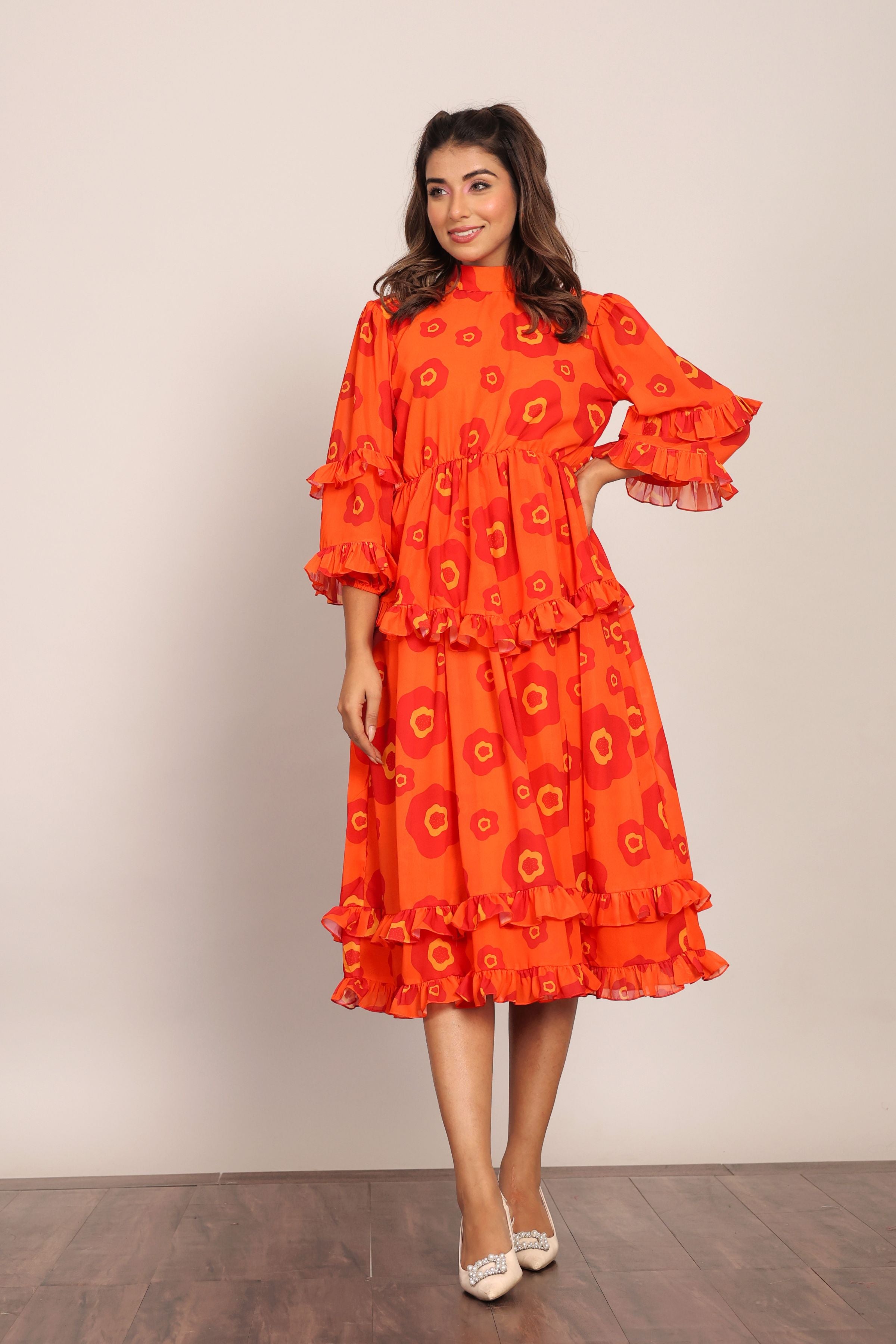 Orange and Red Floral Summer Midi Dress - Kaoribyshreya