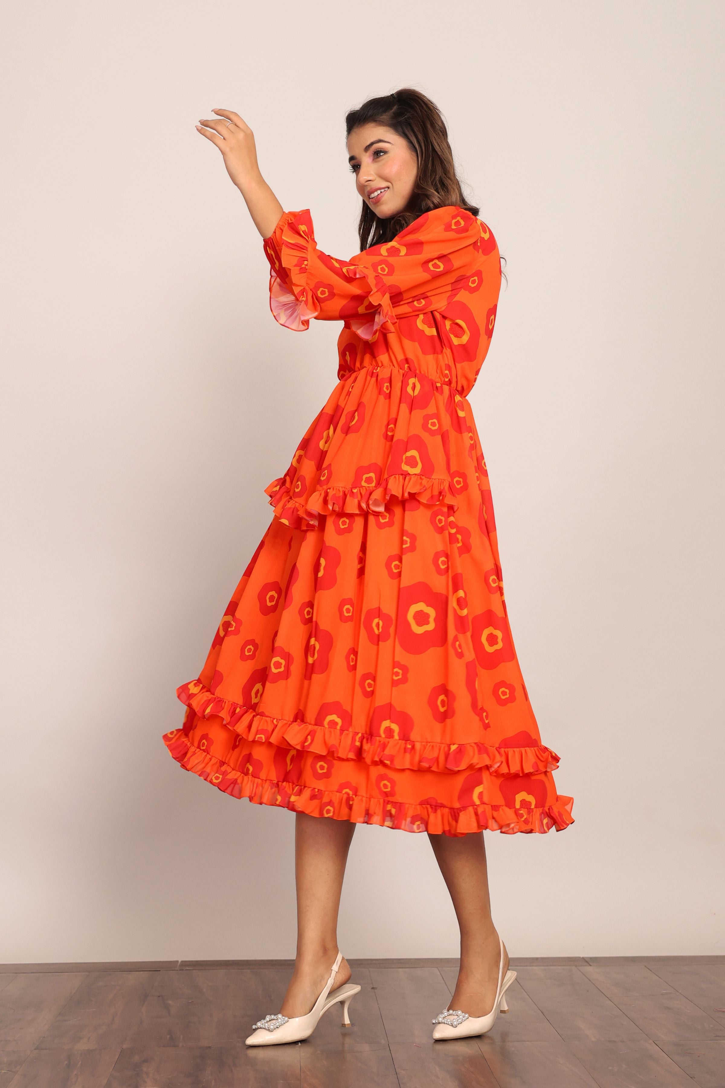 Orange and Red Floral Summer Midi Dress - Kaoribyshreya