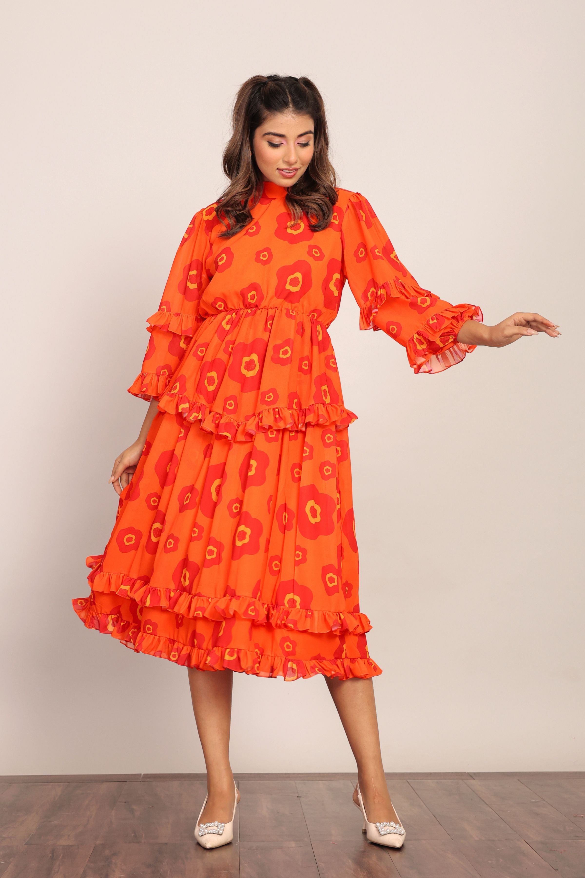 Orange and Red Floral Summer Midi Dress - Kaoribyshreya