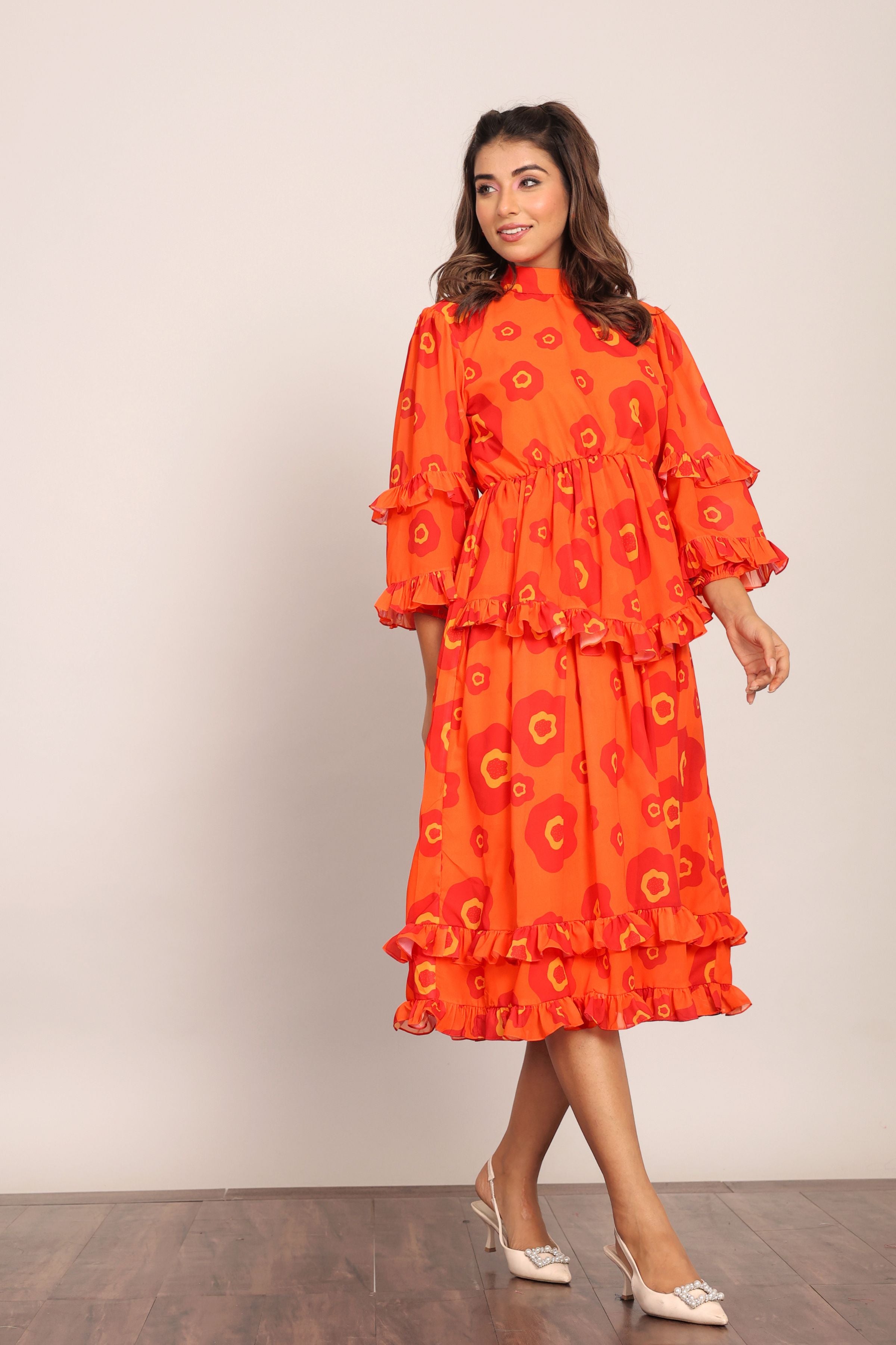 Orange and Red Floral Summer Midi Dress - Kaoribyshreya