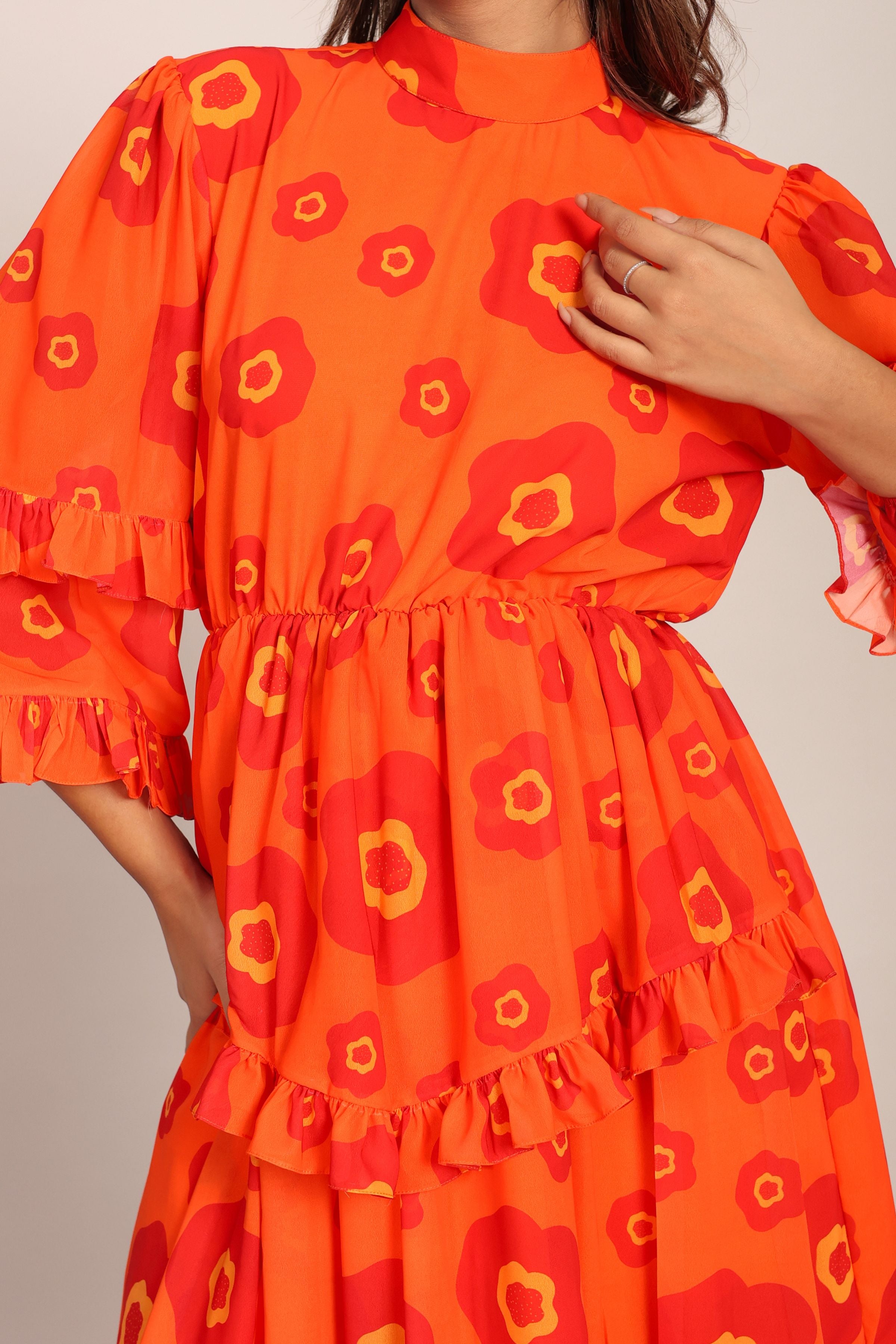 Orange and Red Floral Summer Midi Dress - Kaoribyshreya