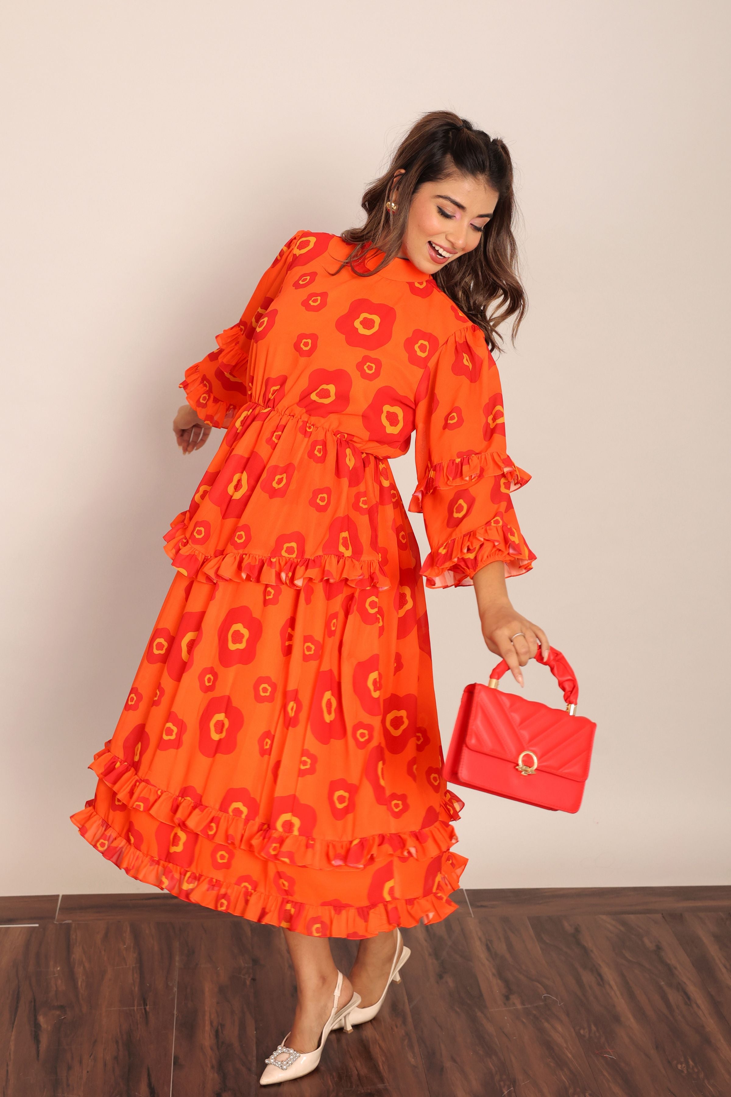 Orange and Red Floral Summer Midi Dress - Kaoribyshreya
