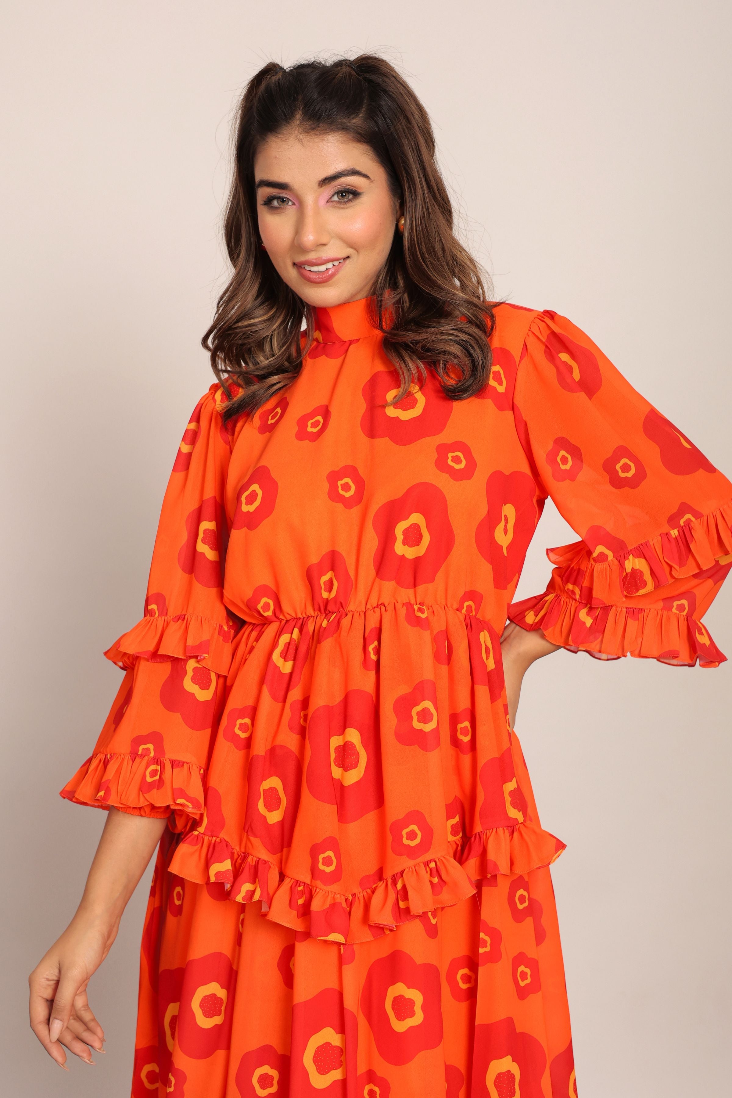 Orange and Red Floral Summer Midi Dress - Kaoribyshreya