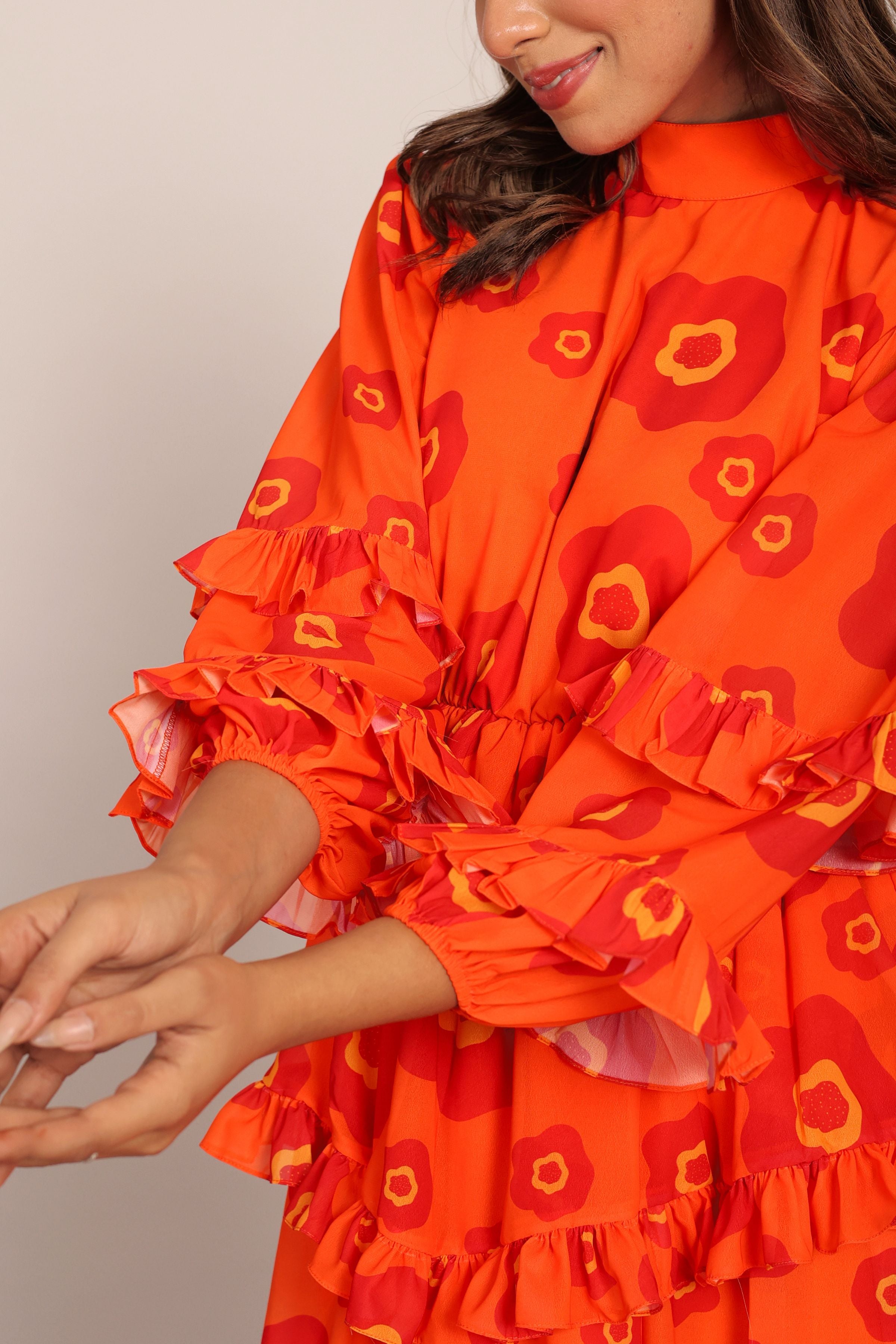 Orange and Red Floral Summer Midi Dress - Kaoribyshreya