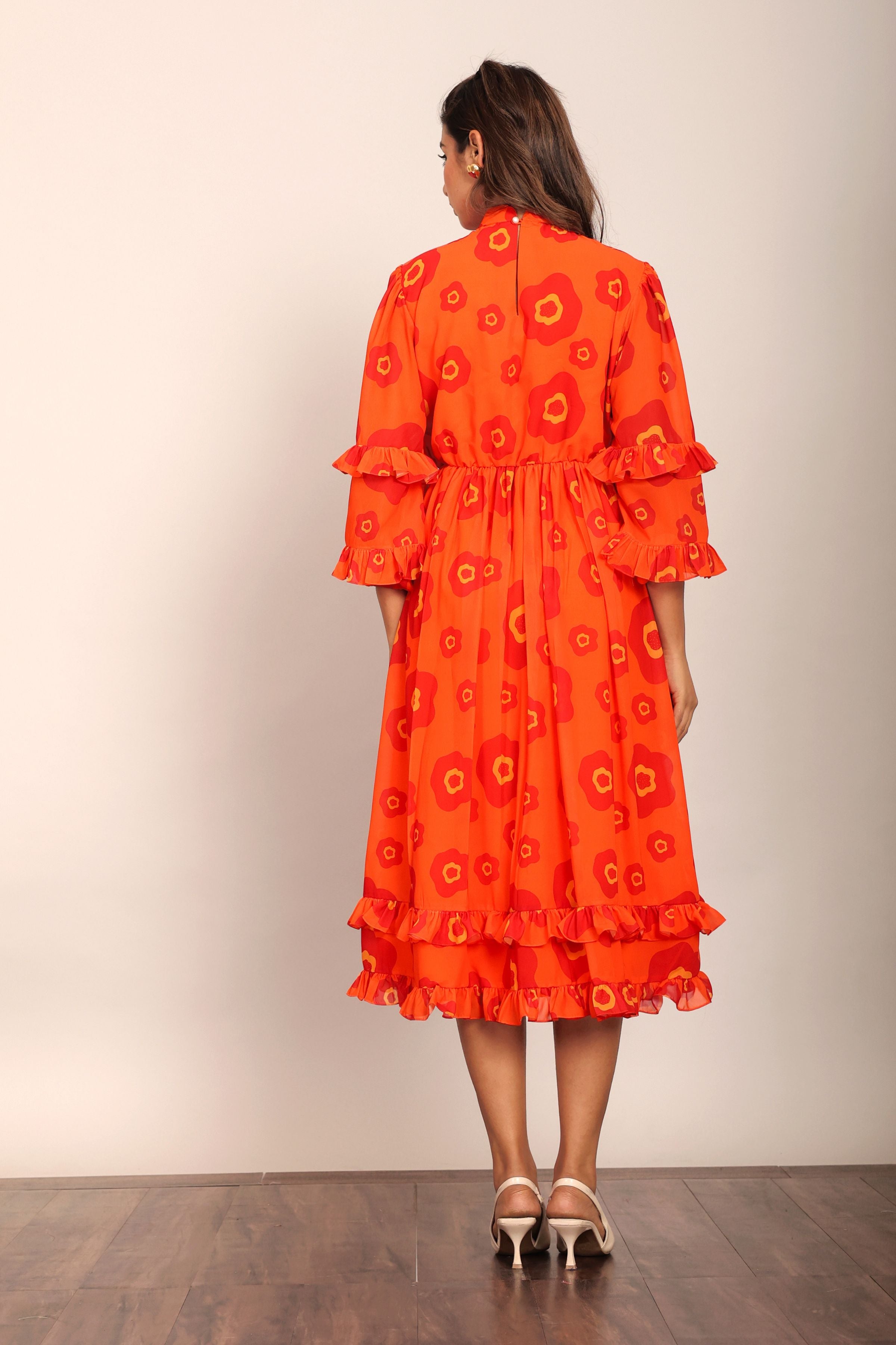 Orange and Red Floral Summer Midi Dress - Kaoribyshreya