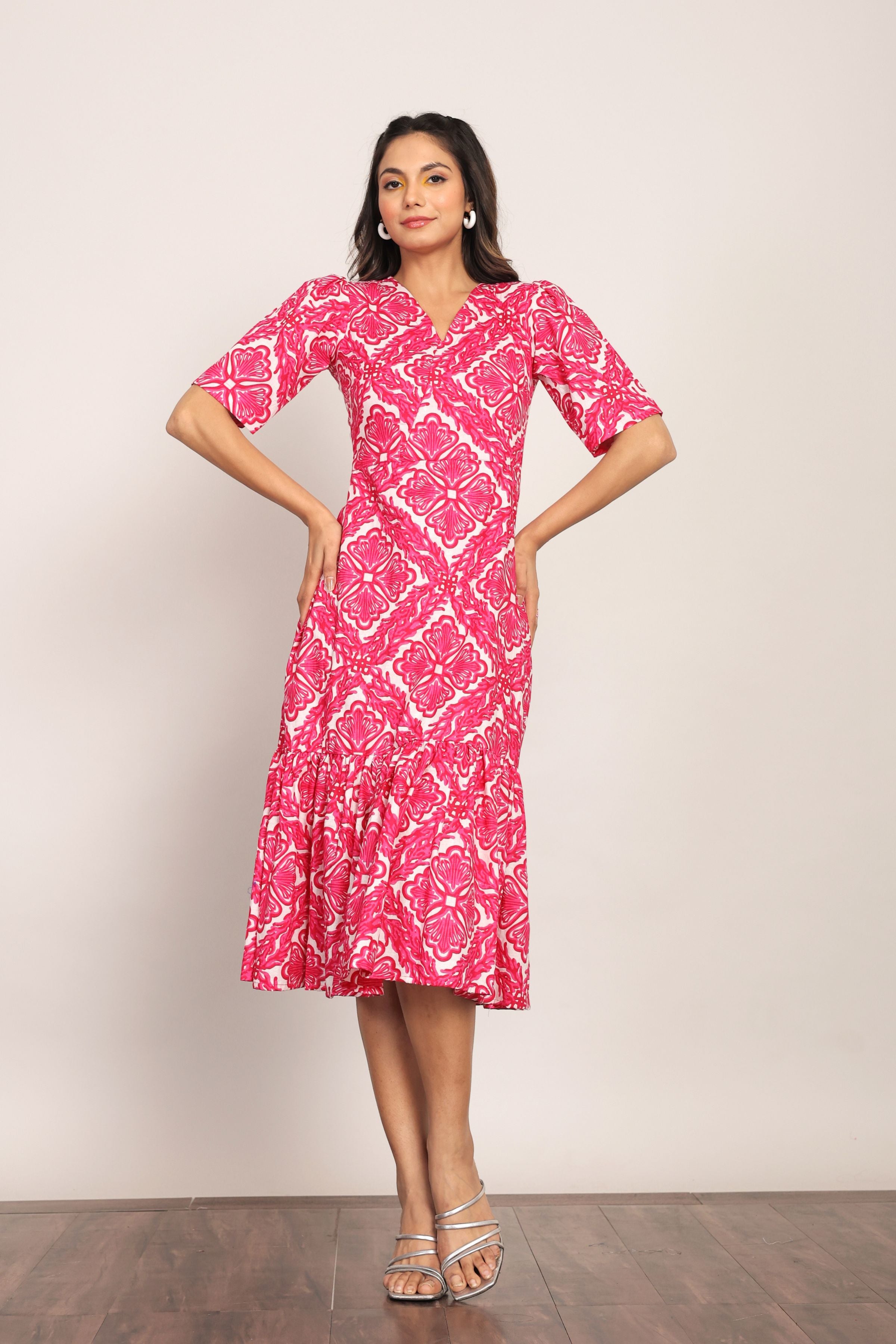 Pink and White Geometric Midi Dress - Kaoribyshreya