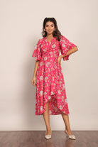 Pink and White Angrakha Pattern Midi Dress - Kaoribyshreya