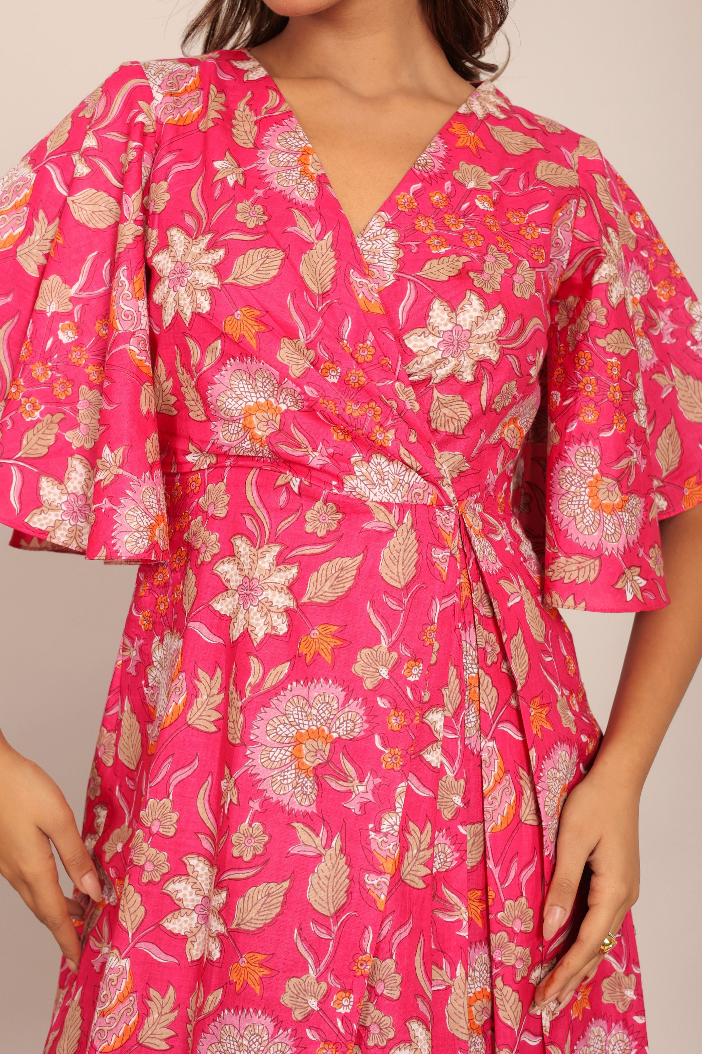 Pink and White Angrakha Pattern Midi Dress - Kaoribyshreya