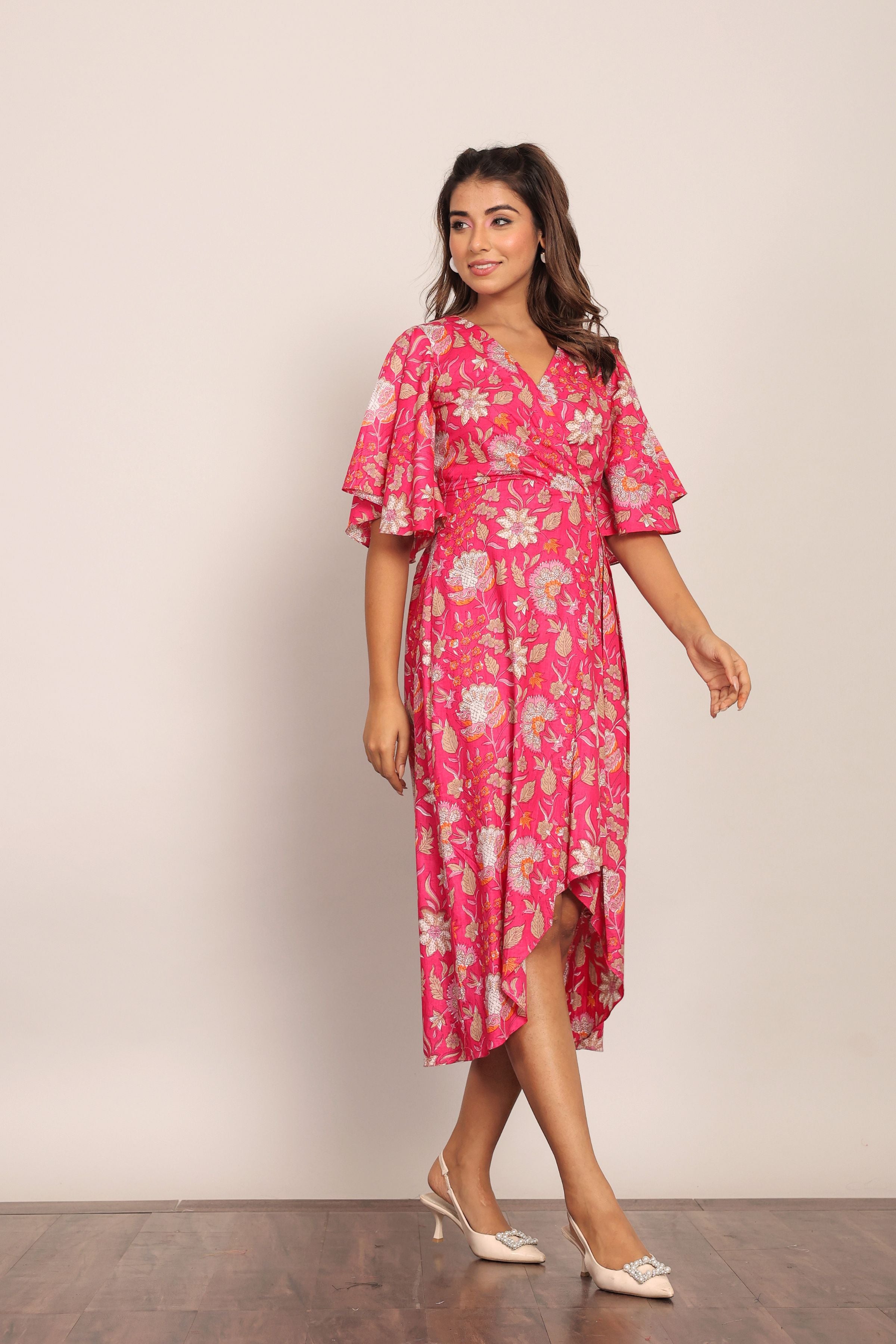 Pink and White Angrakha Pattern Midi Dress - Kaoribyshreya