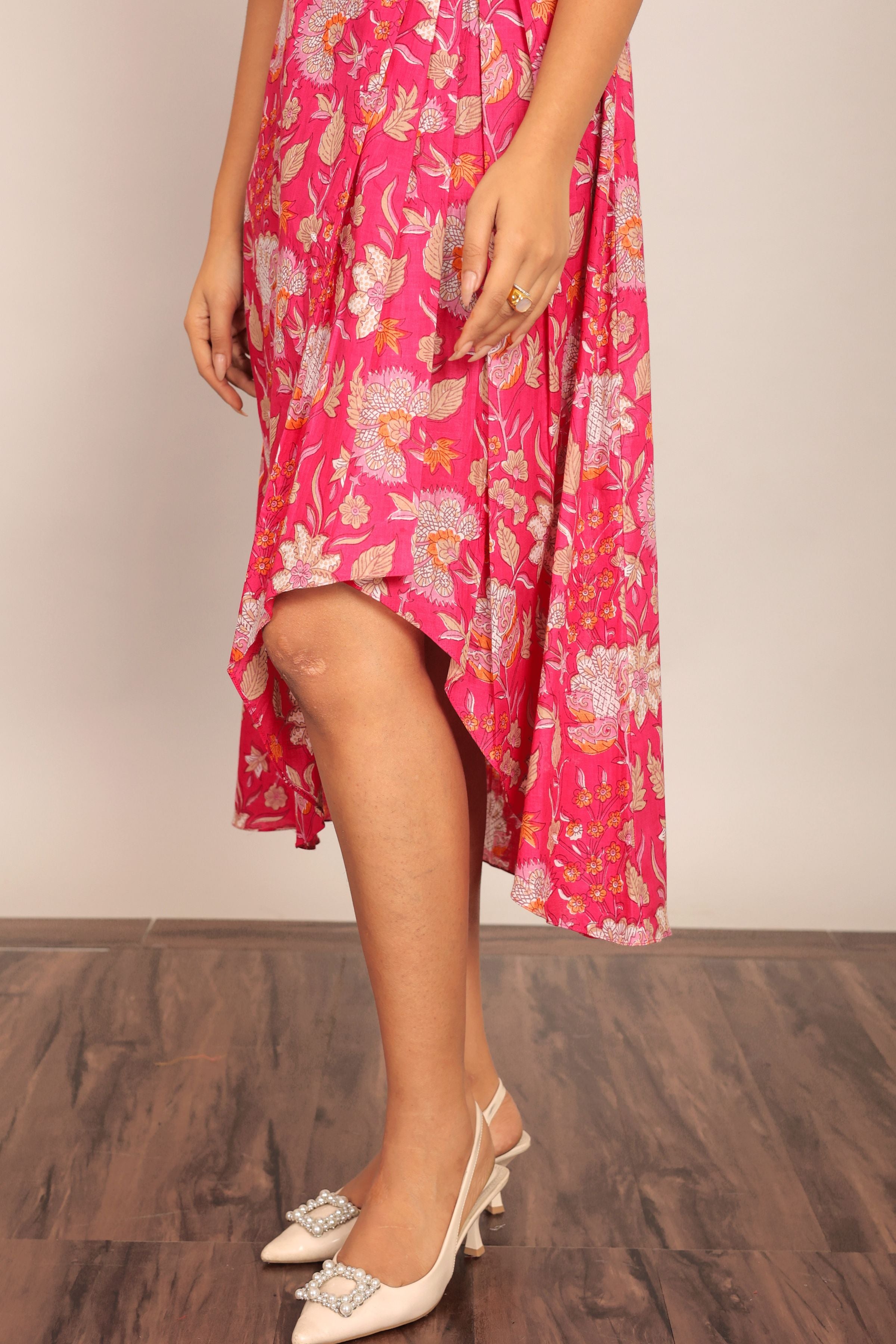 Pink and White Angrakha Pattern Midi Dress - Kaoribyshreya