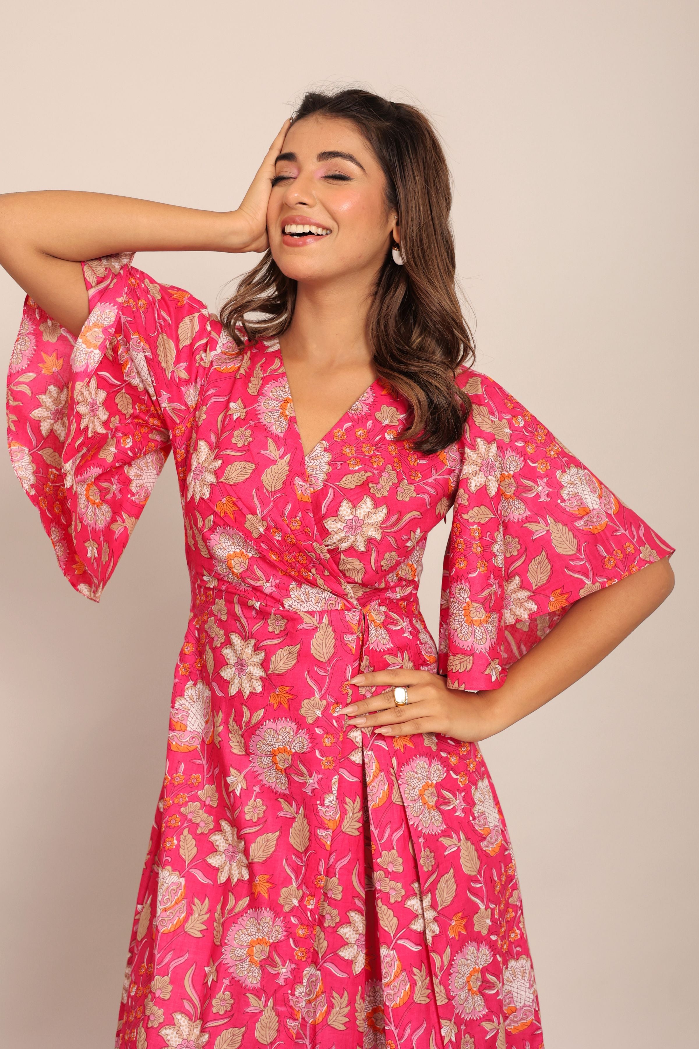 Pink and White Angrakha Pattern Midi Dress - Kaoribyshreya