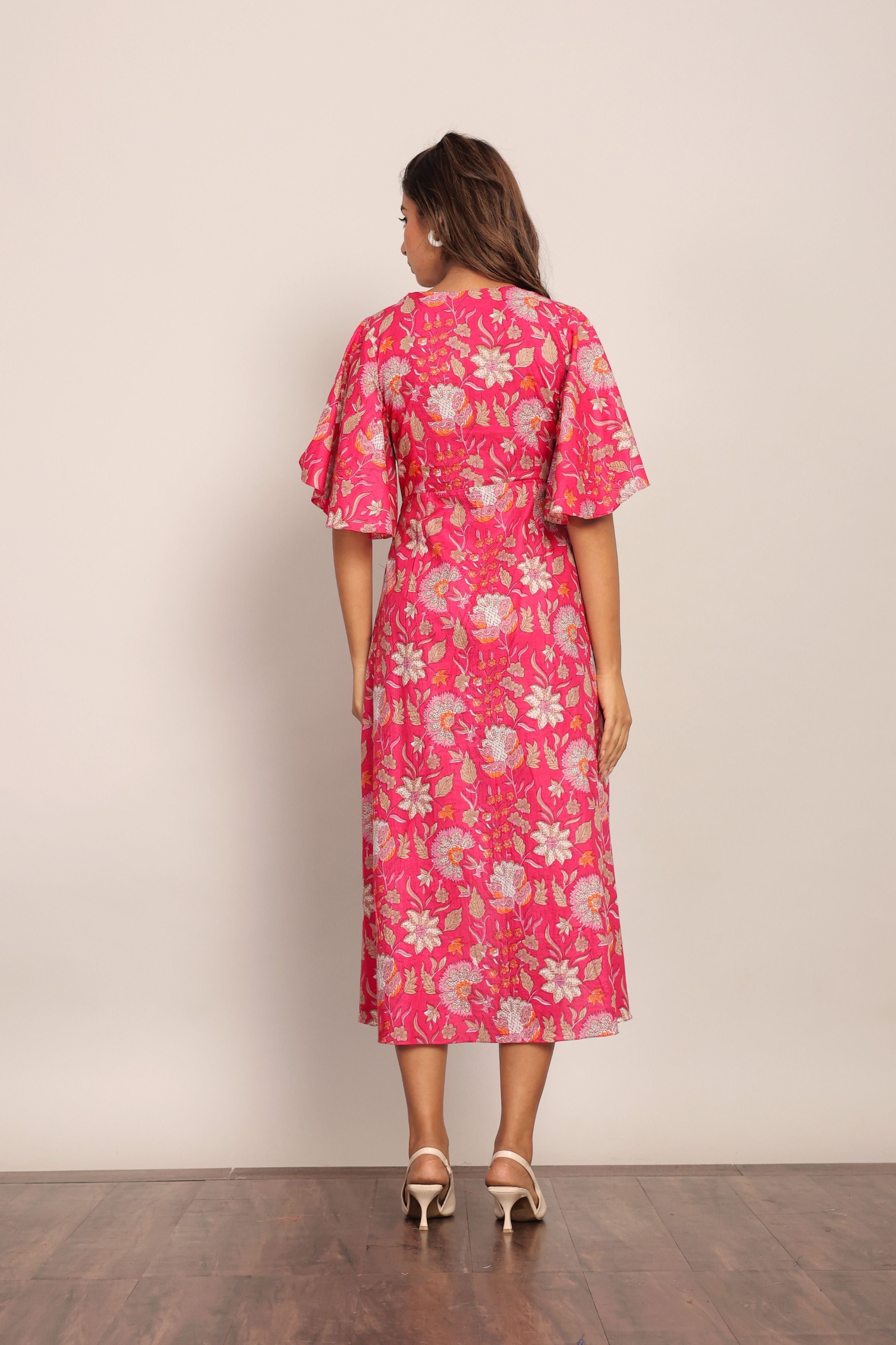 Pink and White Angrakha Pattern Midi Dress - Kaoribyshreya