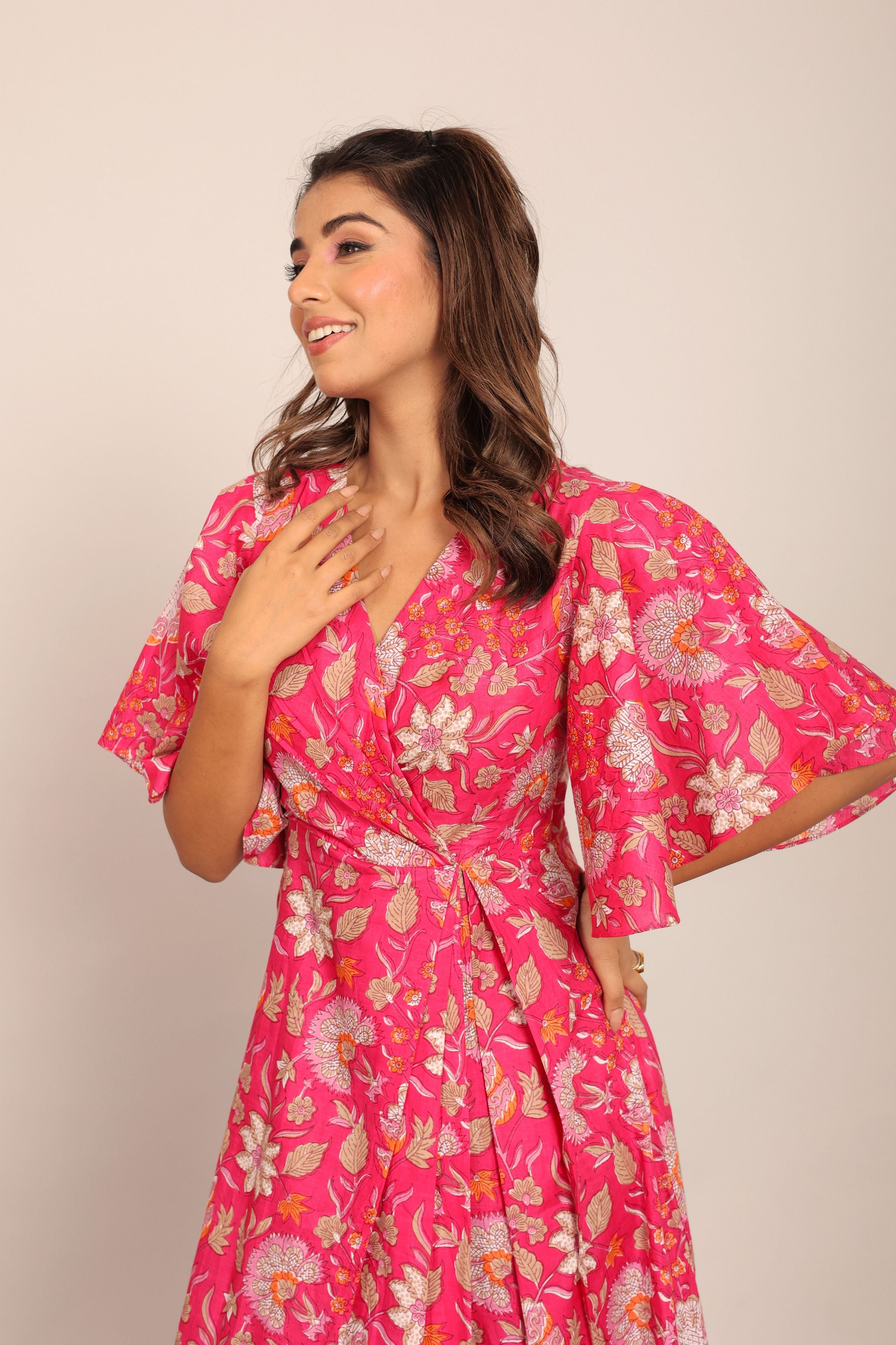 Pink and White Angrakha Pattern Midi Dress - Kaoribyshreya
