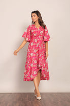 Pink and White Angrakha Pattern Midi Dress - Kaoribyshreya