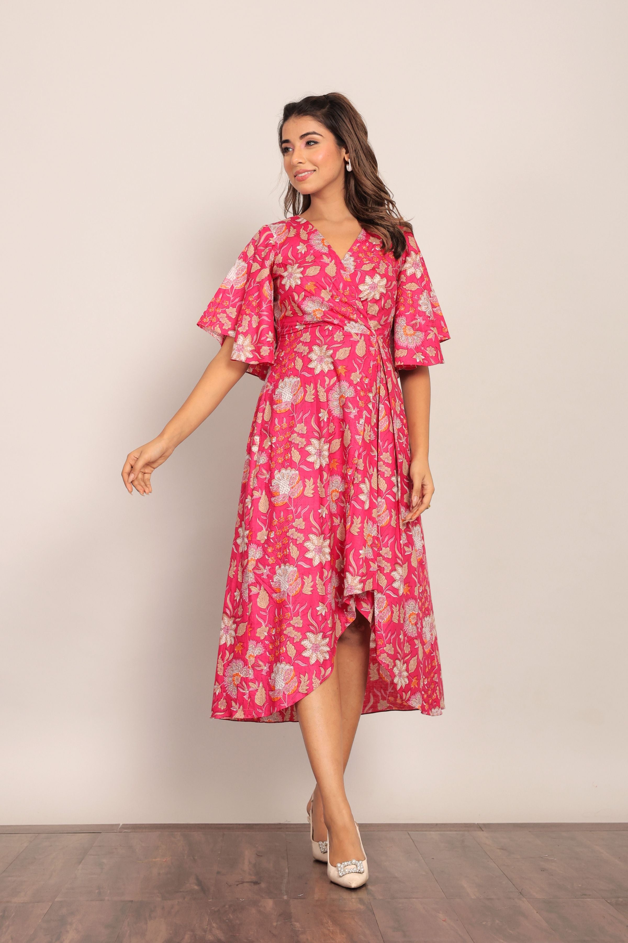 Pink and White Angrakha Pattern Midi Dress - Kaoribyshreya