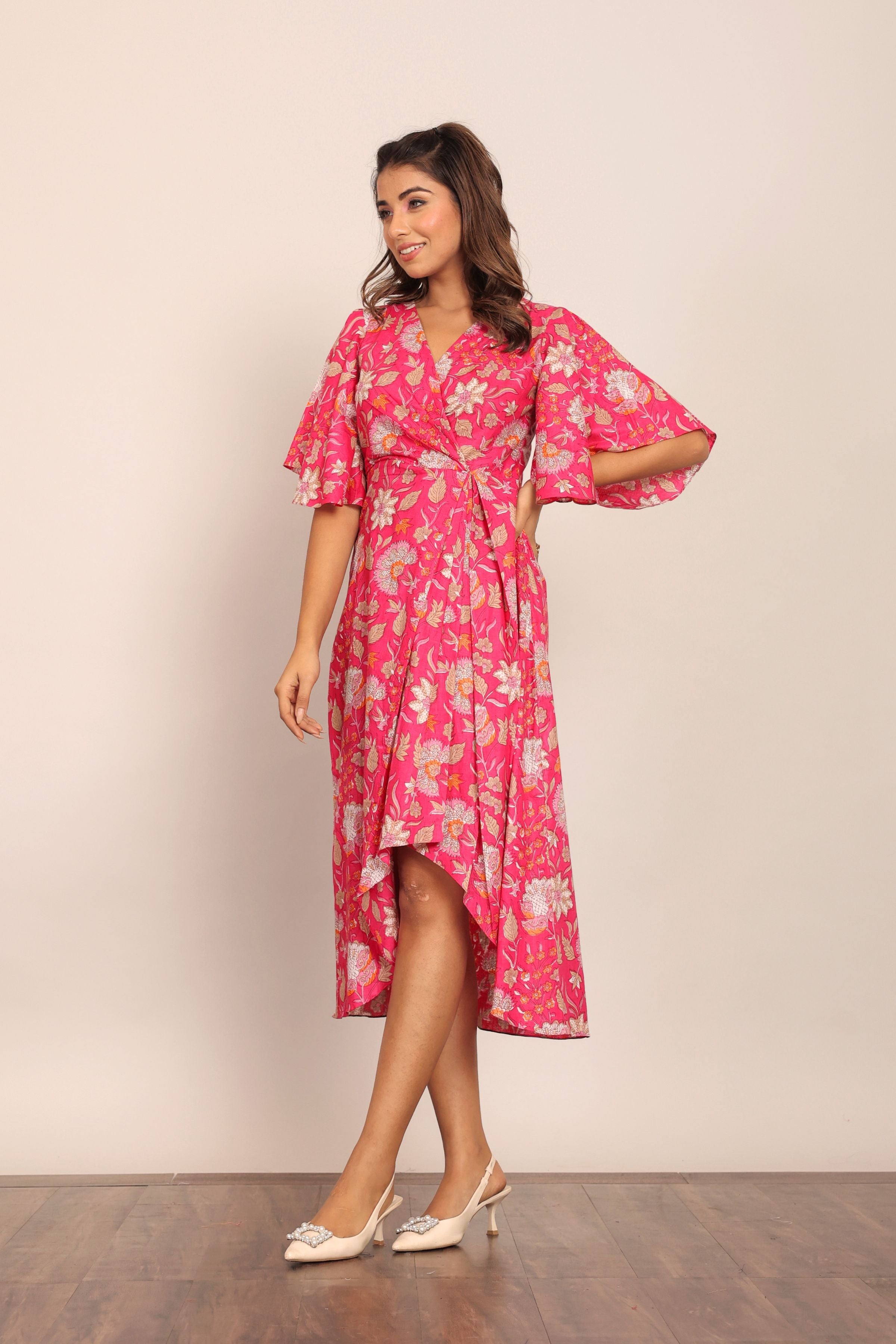 Pink and White Angrakha Pattern Midi Dress - Kaoribyshreya