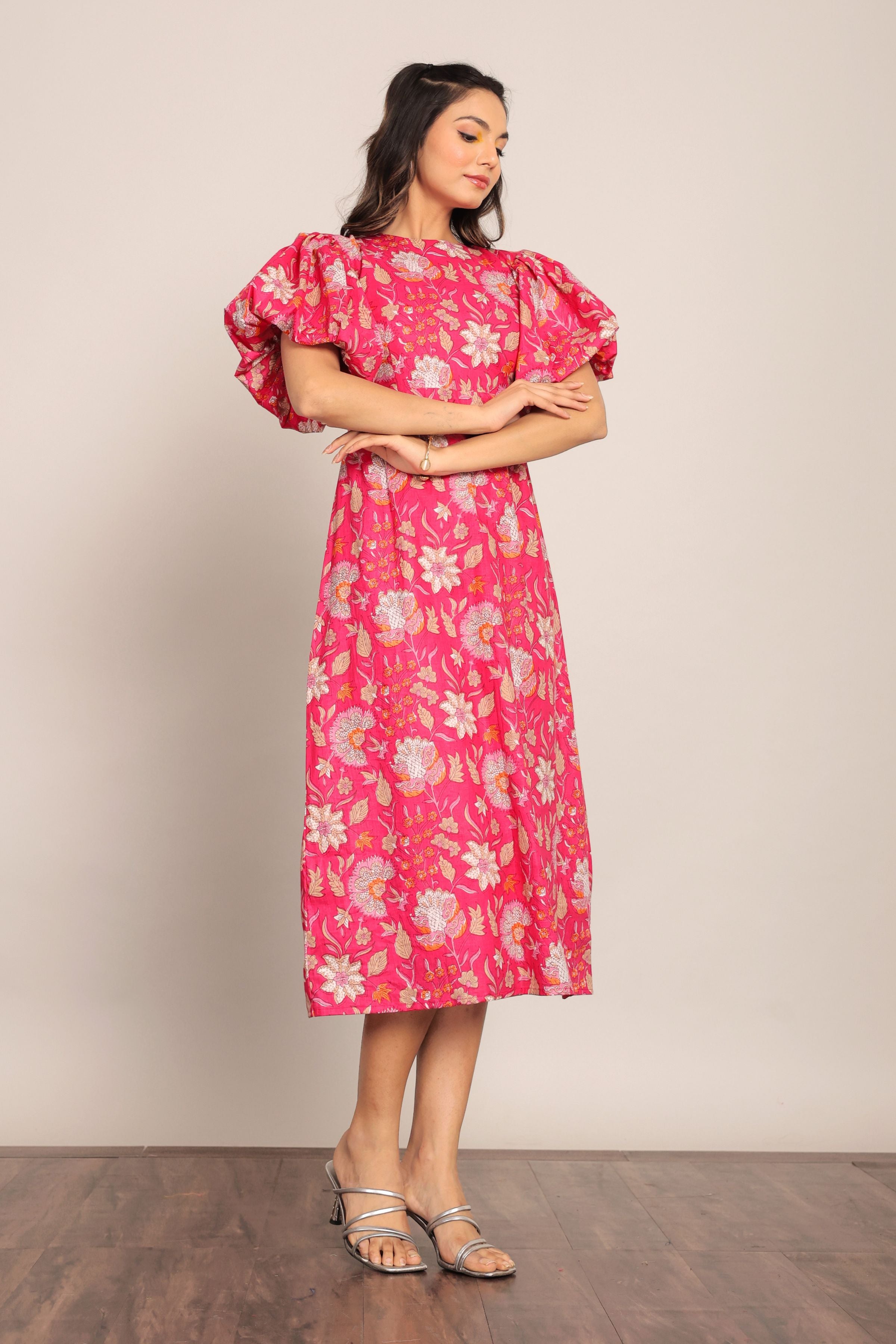 Pink and White Floral Midi Dress - Kaoribyshreya