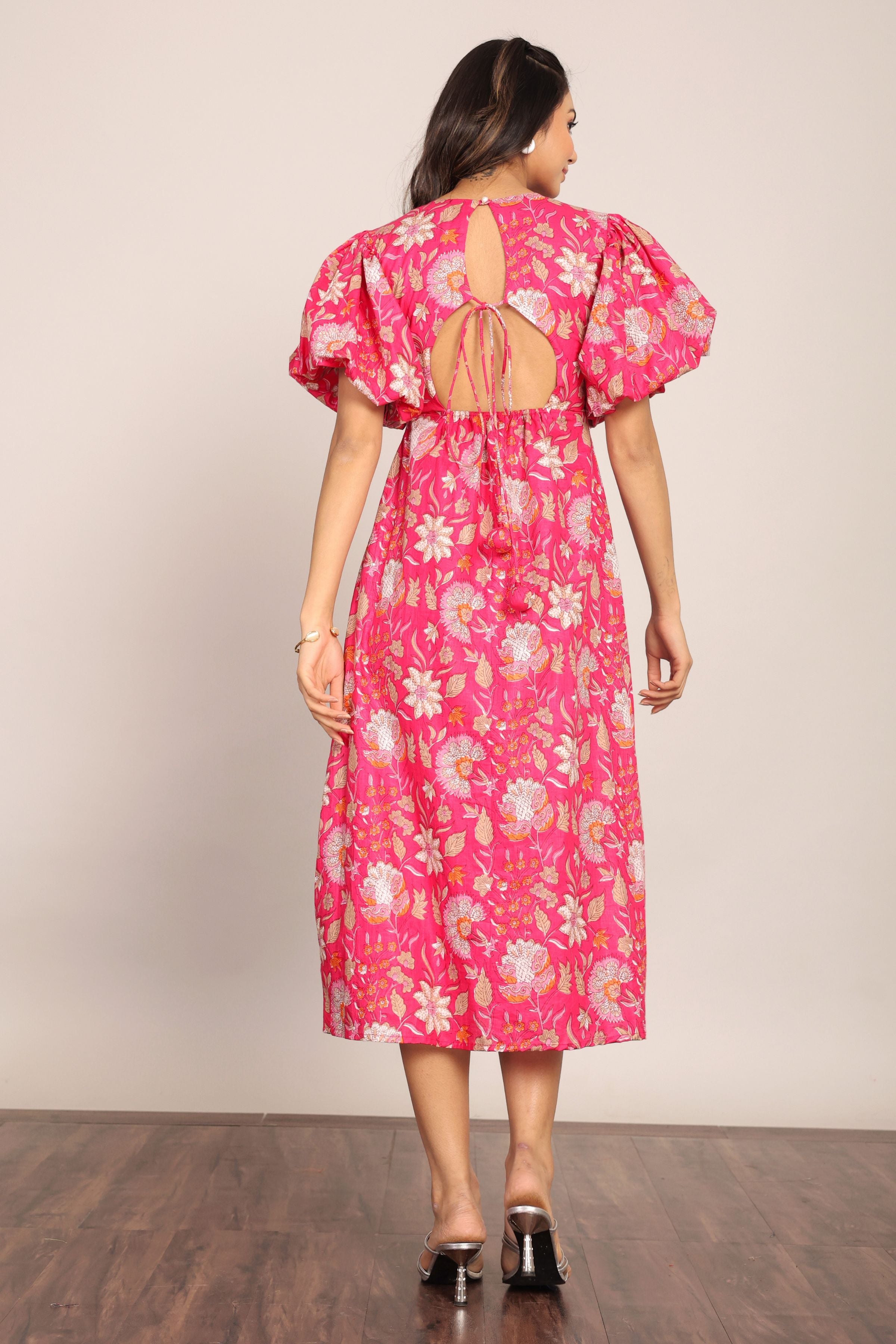 Pink and White Floral Midi Dress - Kaoribyshreya