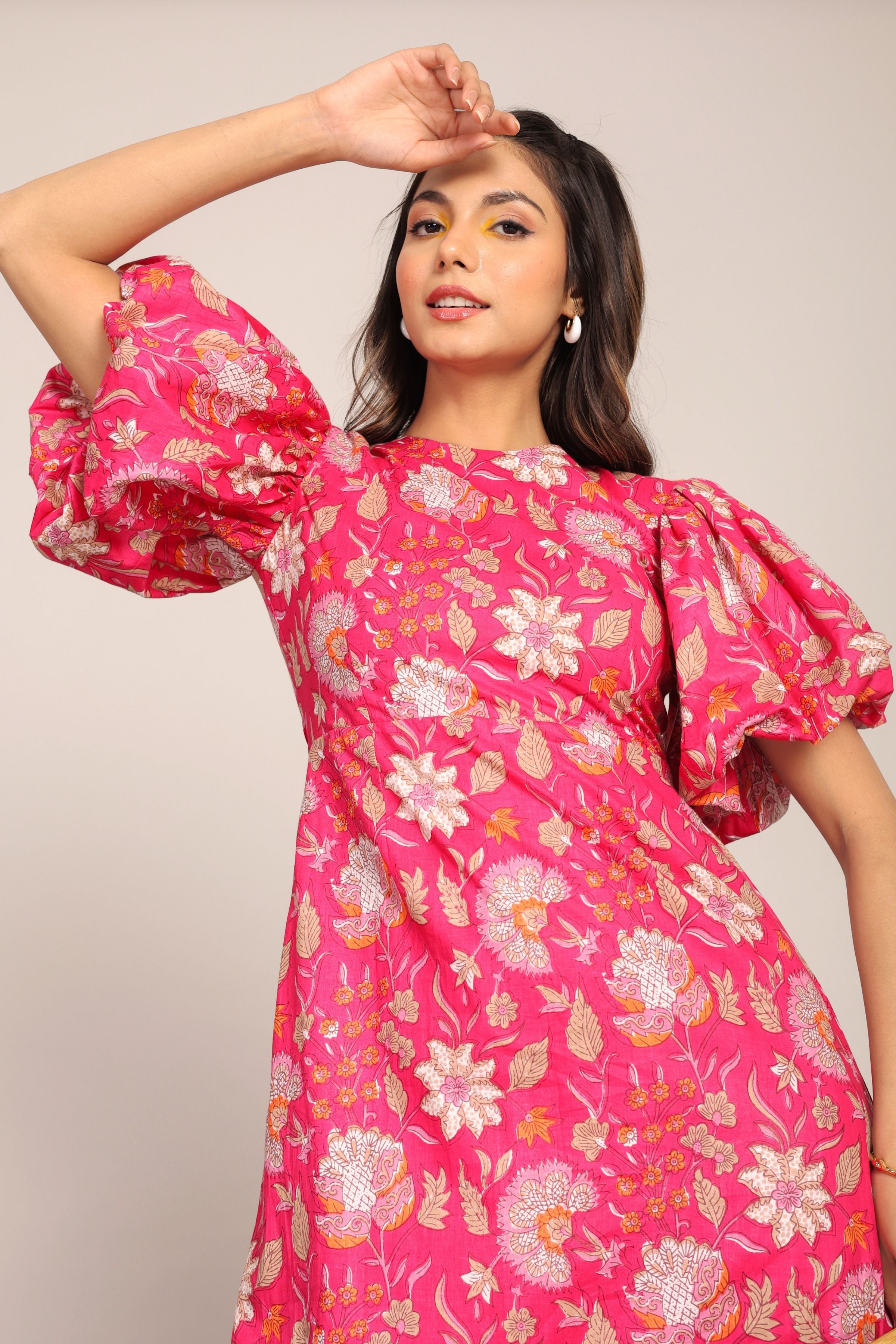 Pink and White Floral Midi Dress - Kaoribyshreya