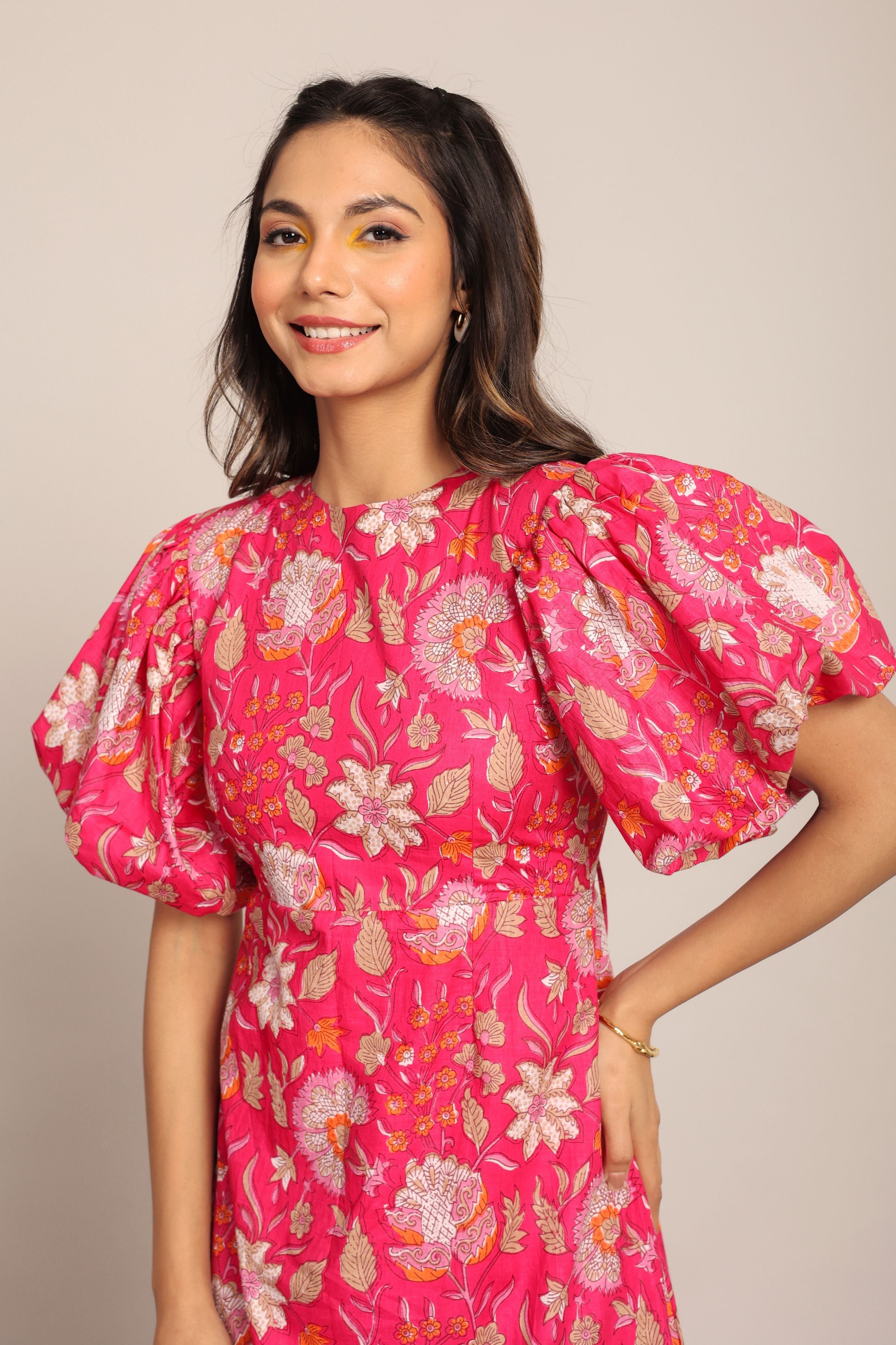 Pink and White Floral Midi Dress - Kaoribyshreya