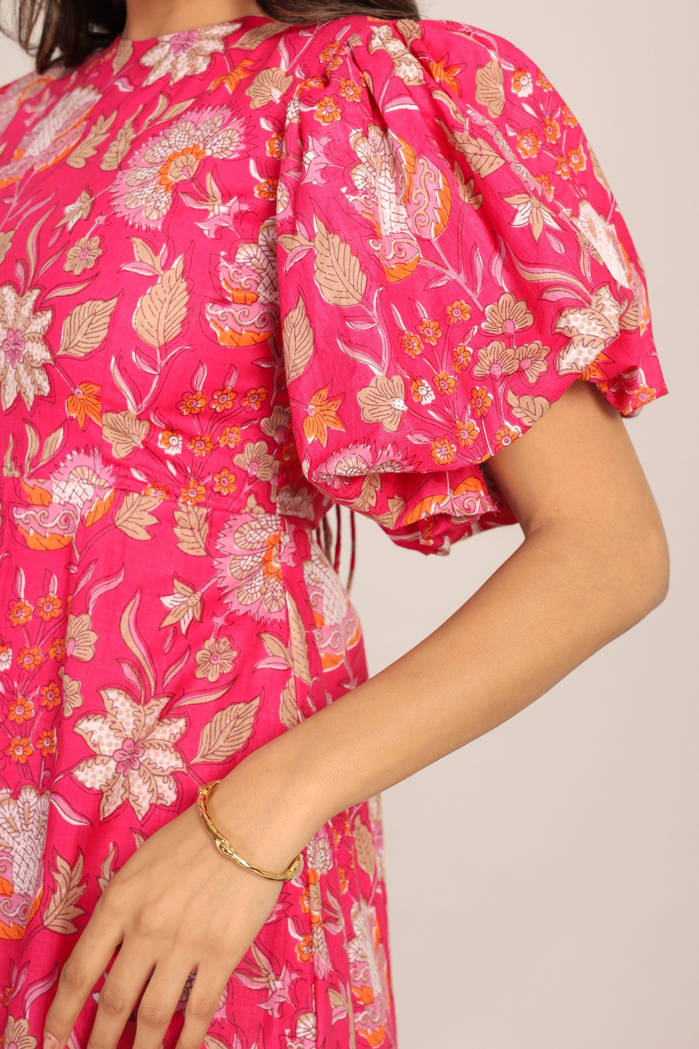 Pink and White Floral Midi Dress - Kaoribyshreya
