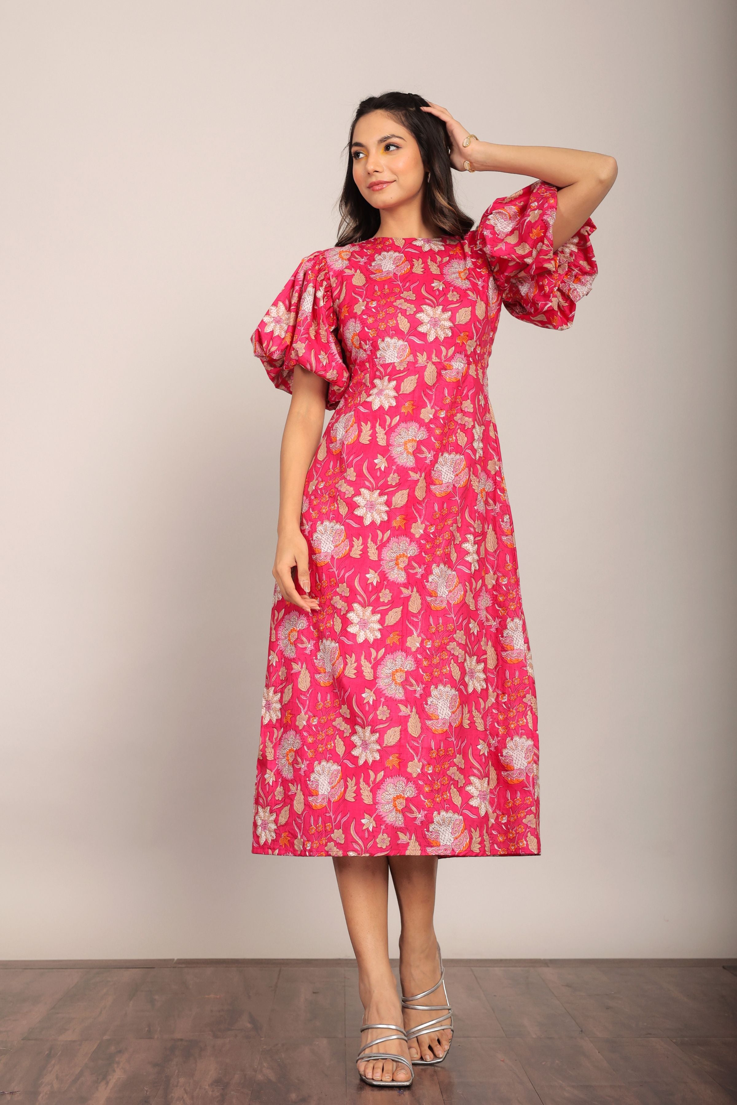 Pink and White Floral Midi Dress - Kaoribyshreya