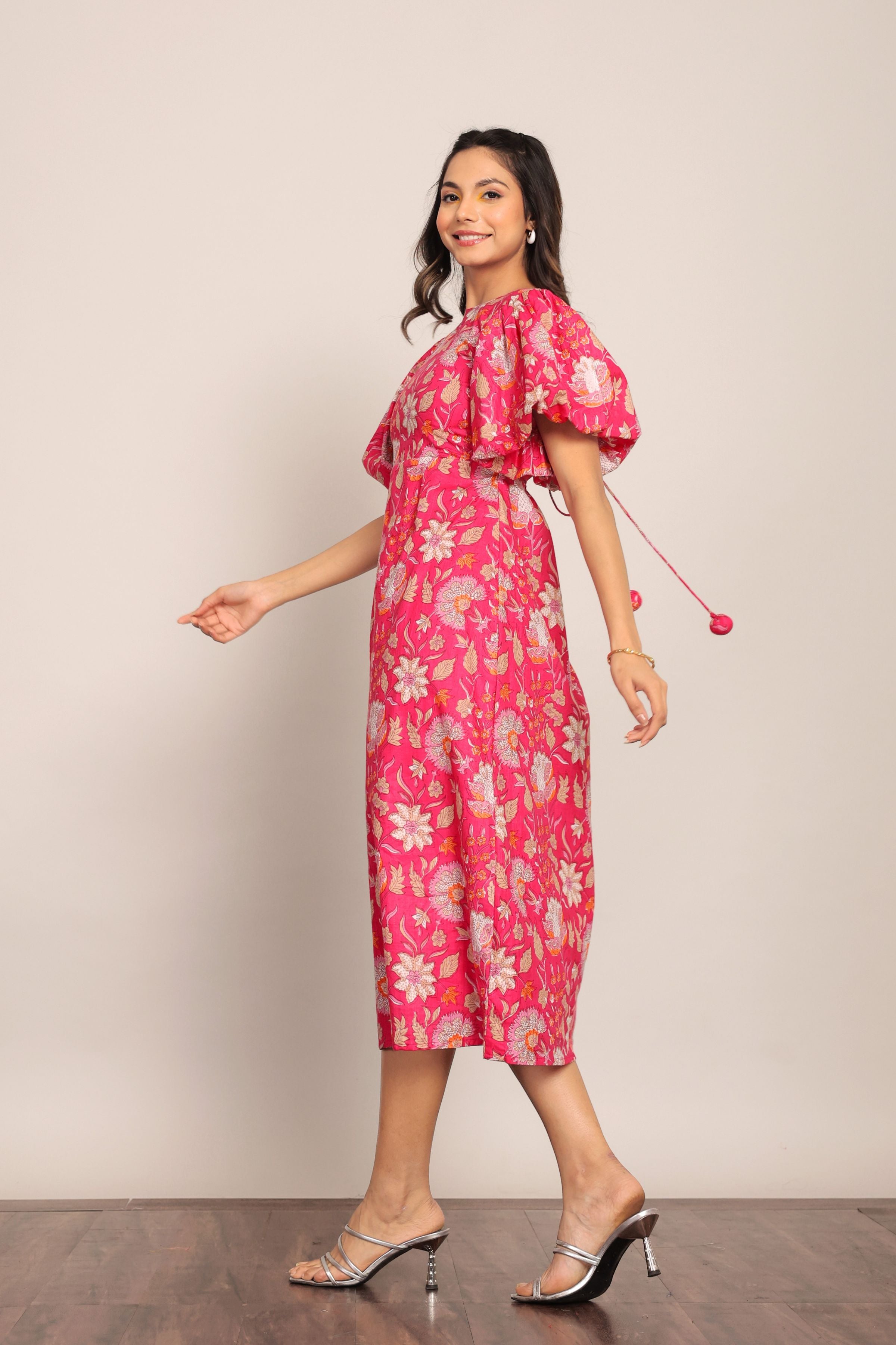 Pink and White Floral Midi Dress - Kaoribyshreya