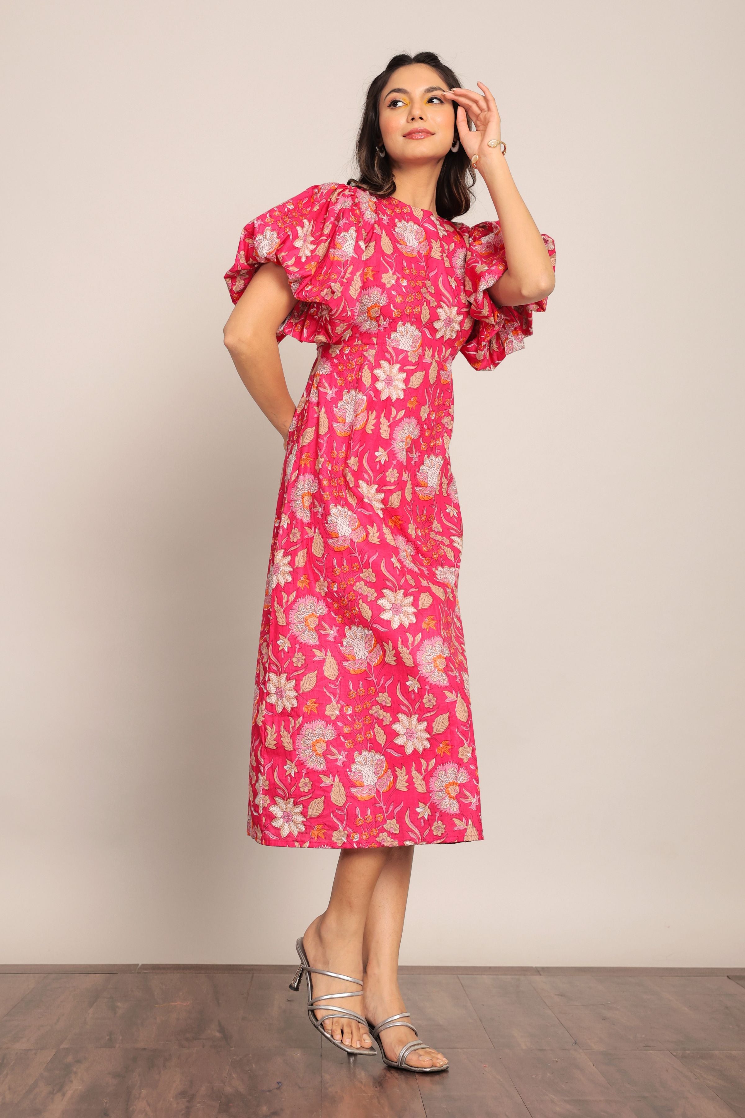 Pink and White Floral Midi Dress - Kaoribyshreya