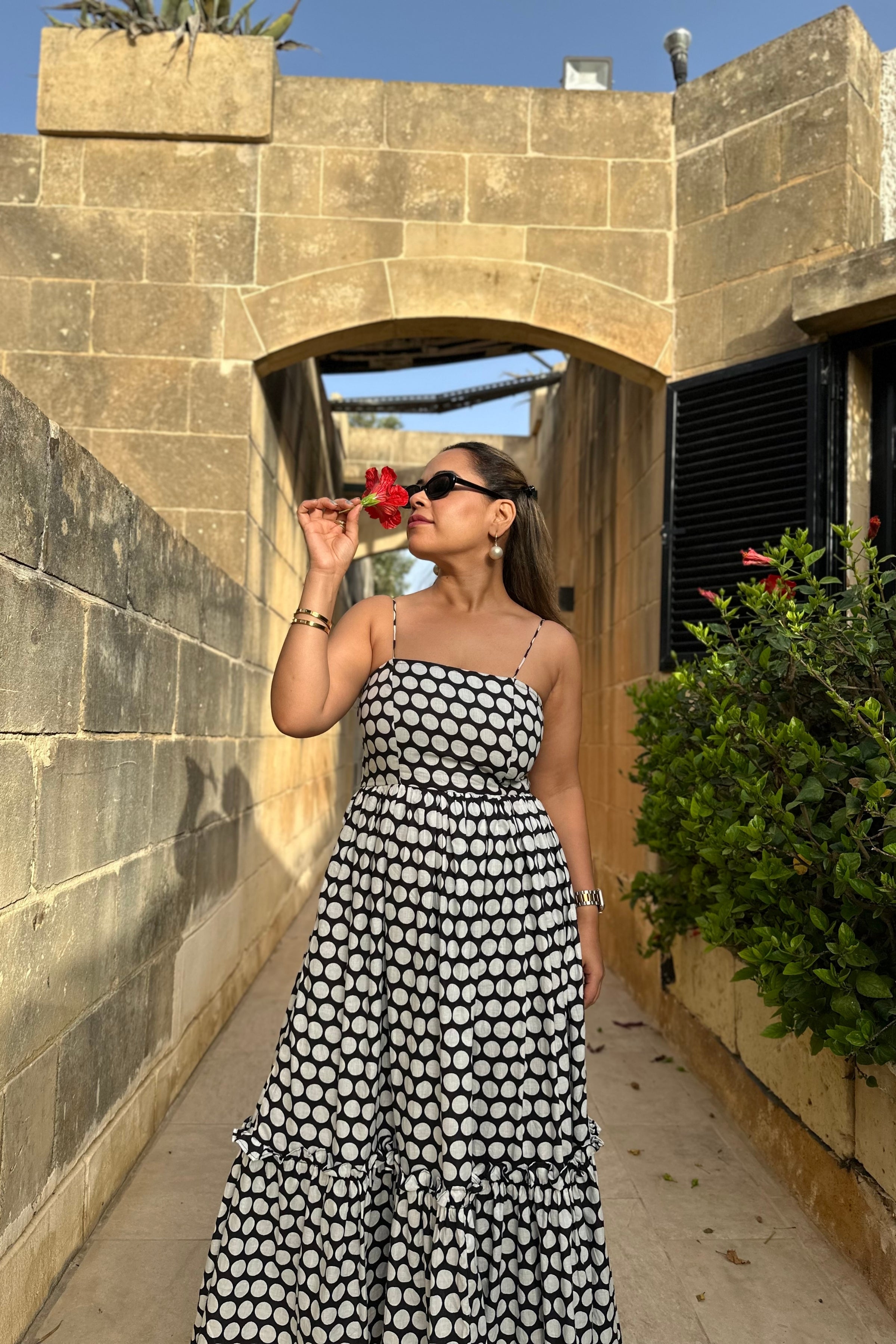 Polka Dot Shoulder Tie Up Flowy Dress - Kaoribyshreya