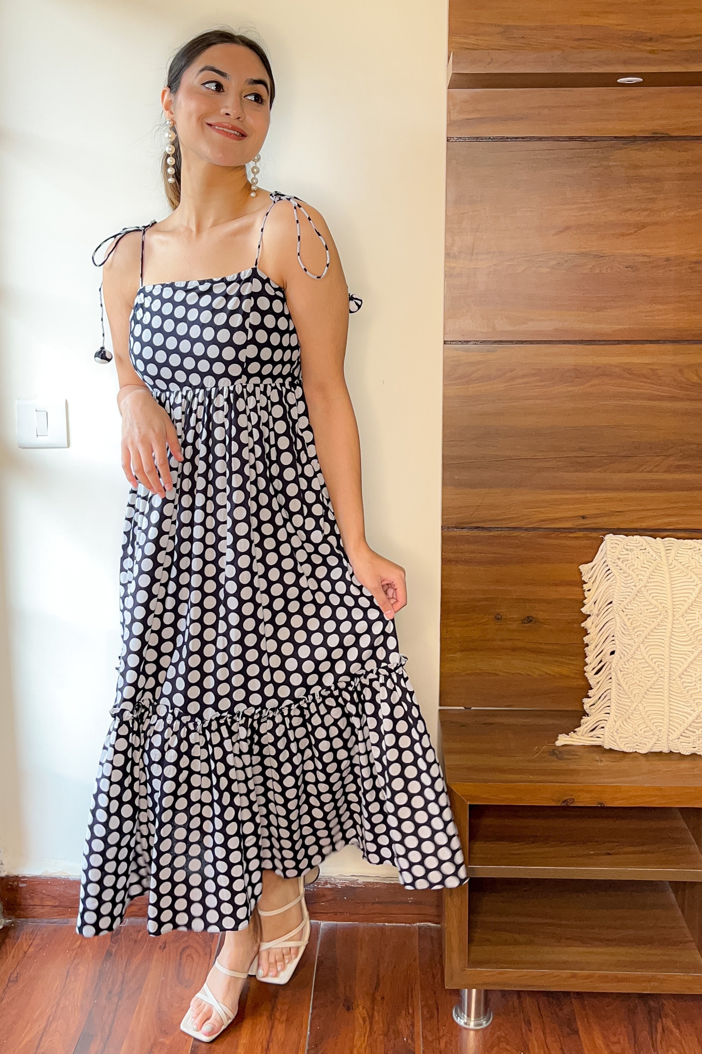 Polka Dot Shoulder Tie Up Flowy Dress - Kaoribyshreya