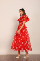 Red and White Floral Summer Midi Dress - Kaoribyshreya