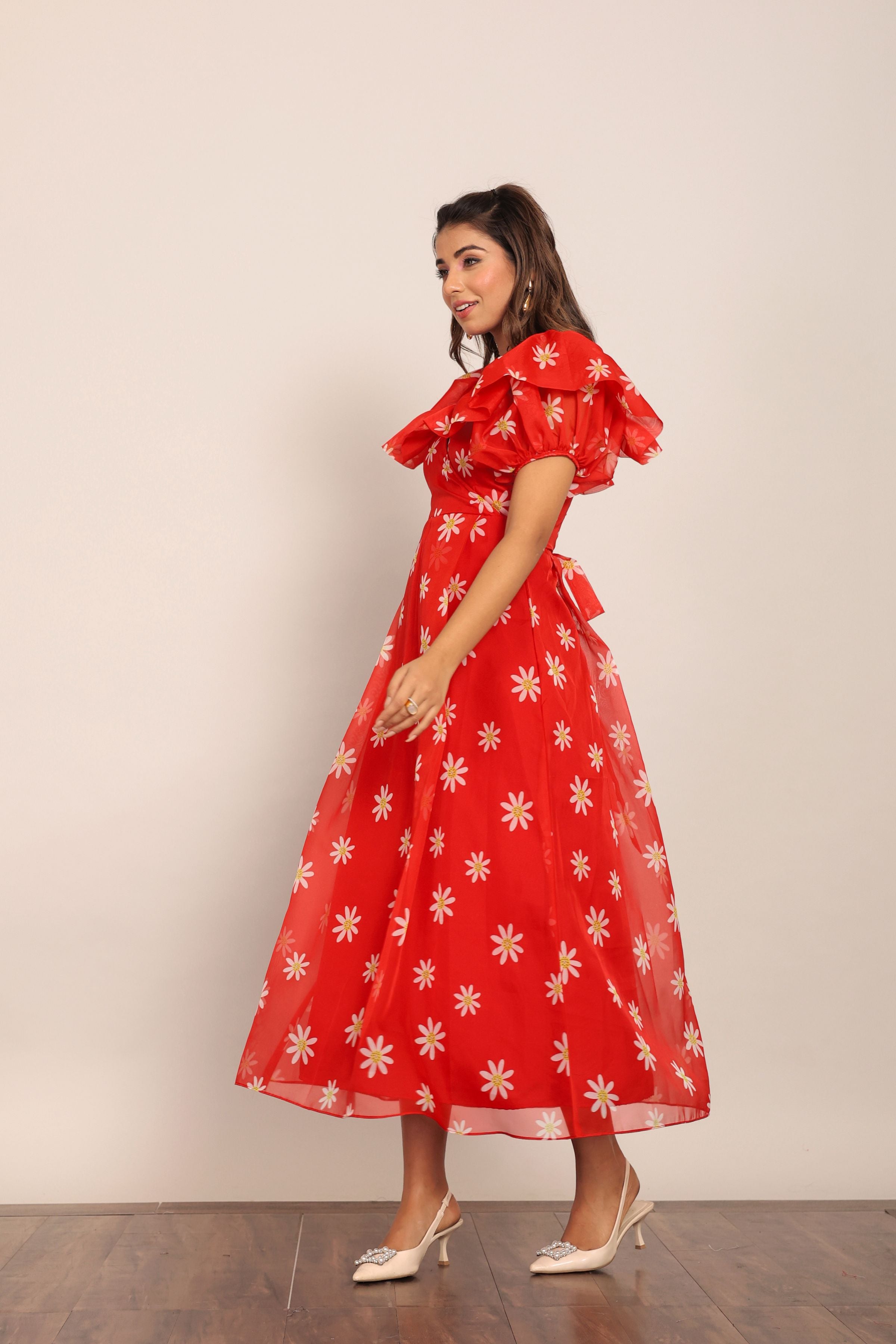 Red and White Floral Summer Midi Dress - Kaoribyshreya