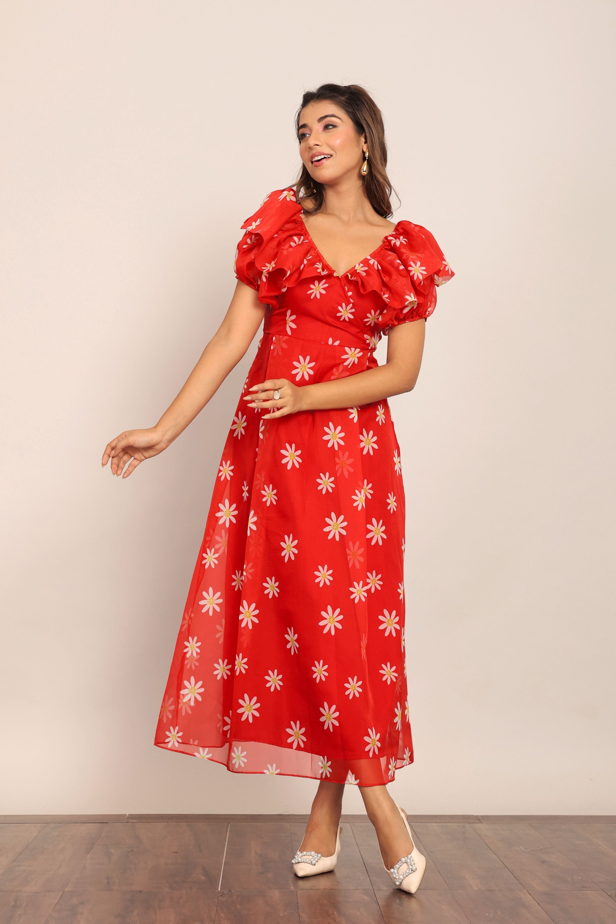 Red and White Floral Summer Midi Dress - Kaoribyshreya