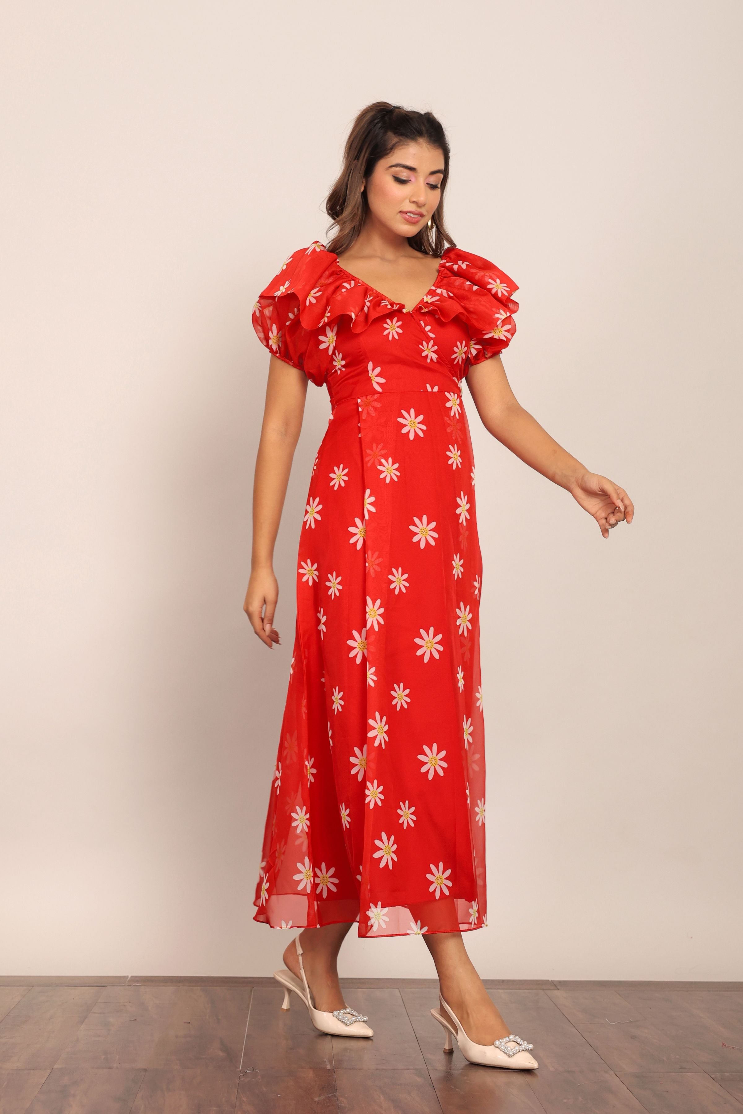 Red and White Floral Summer Midi Dress - Kaoribyshreya