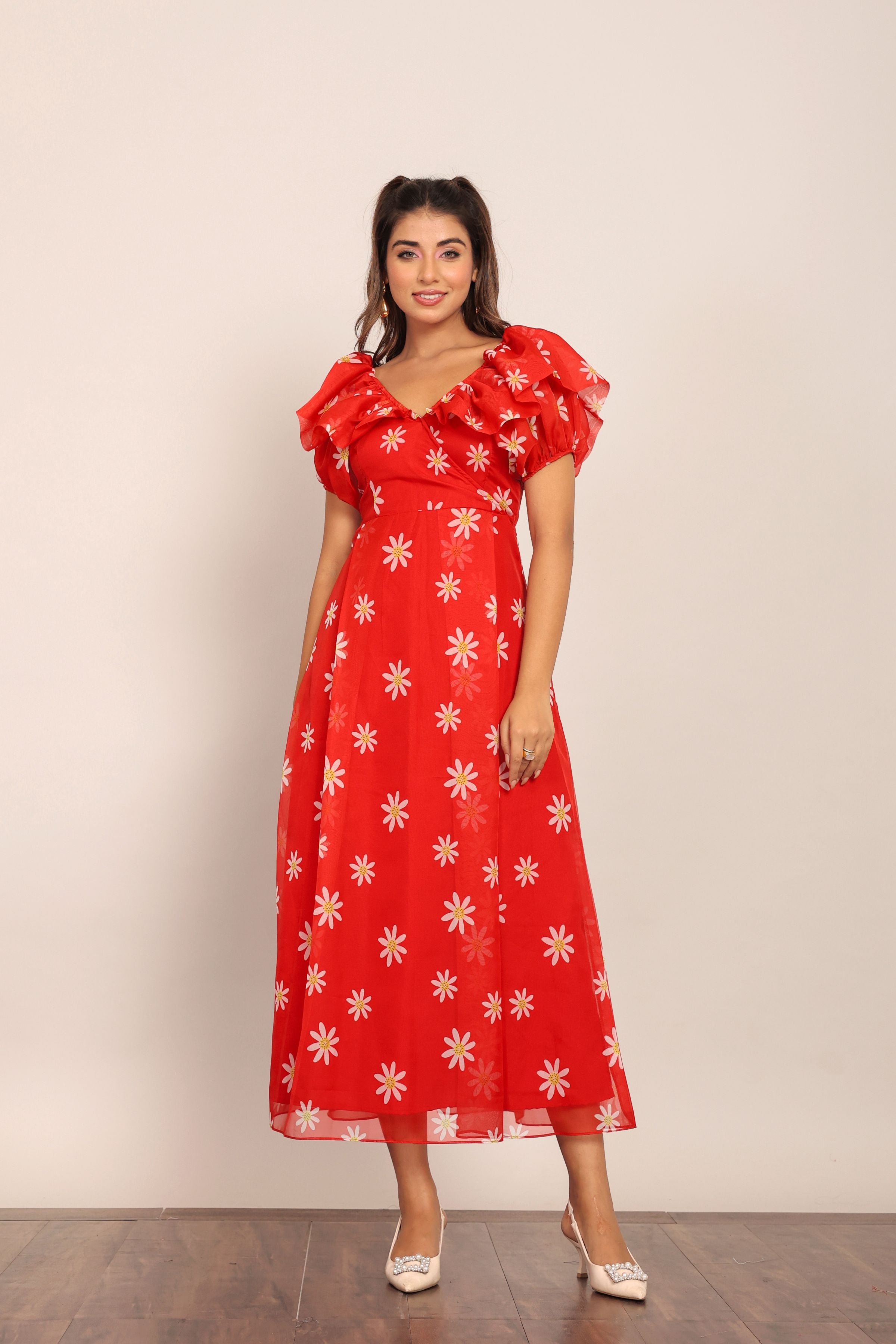 Red and White Floral Summer Midi Dress - Kaoribyshreya