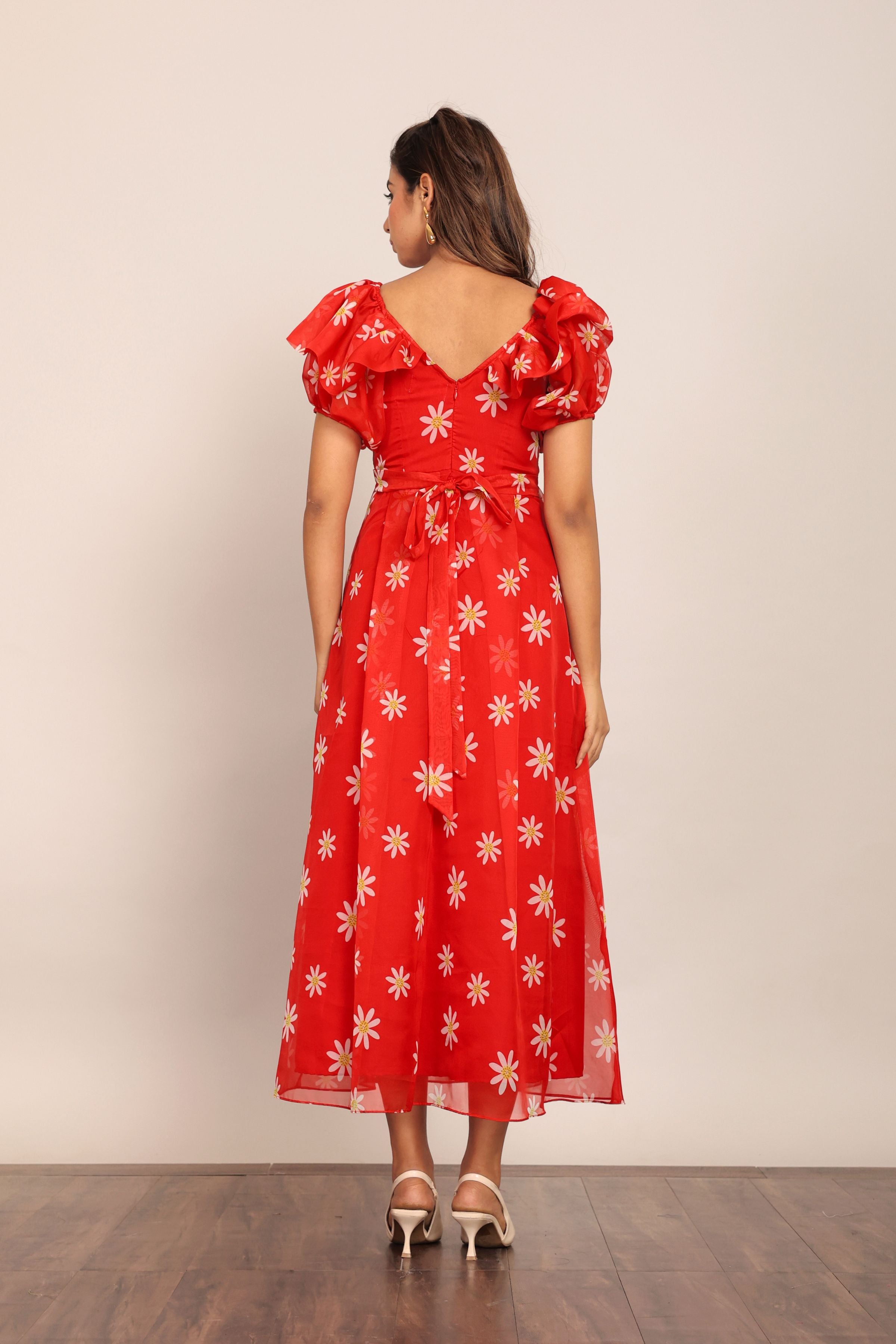 Red and White Floral Summer Midi Dress - Kaoribyshreya