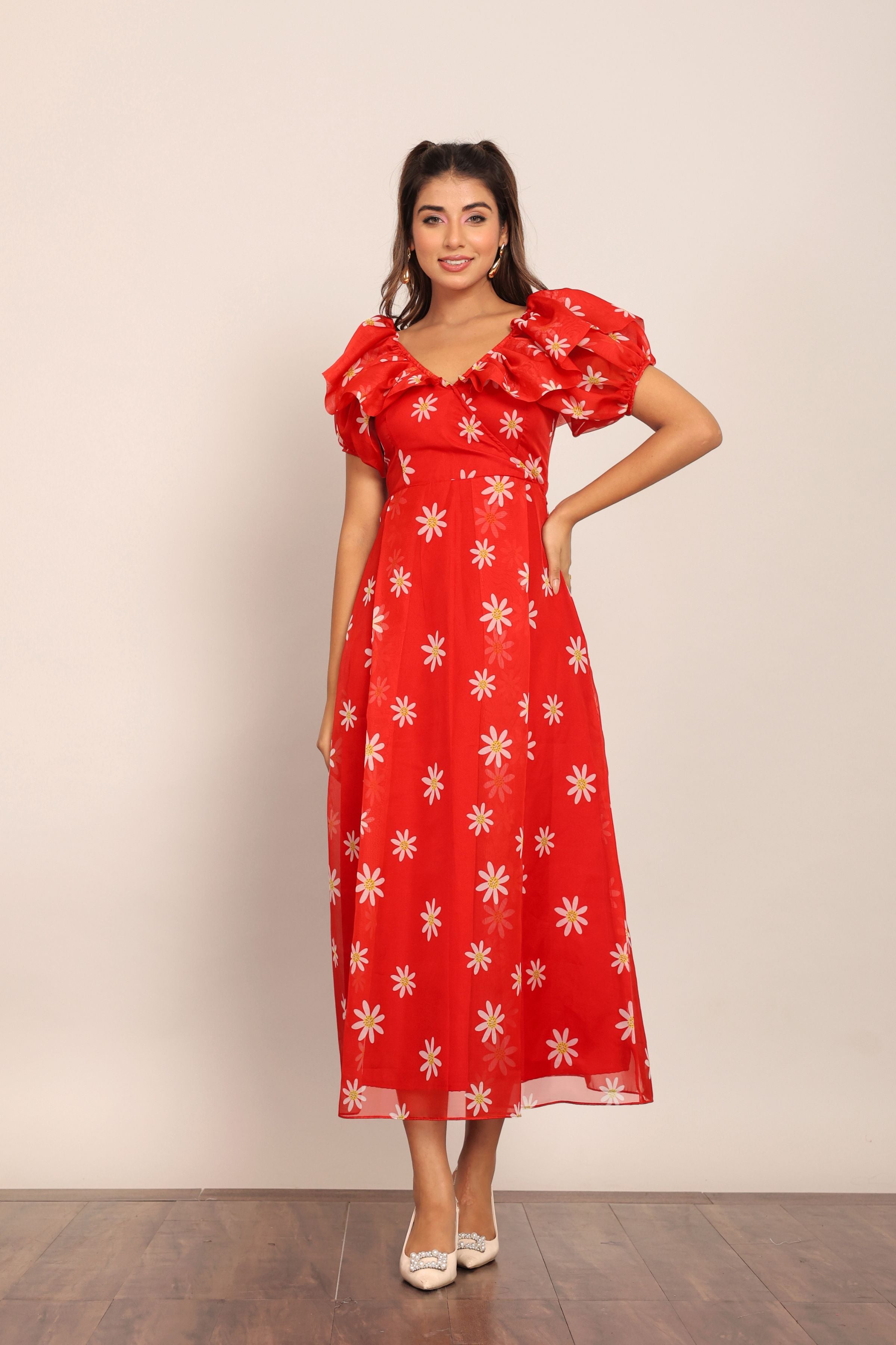 Red and White Floral Summer Midi Dress - Kaoribyshreya