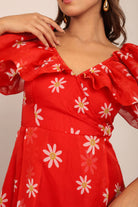 Red and White Floral Summer Midi Dress - Kaoribyshreya
