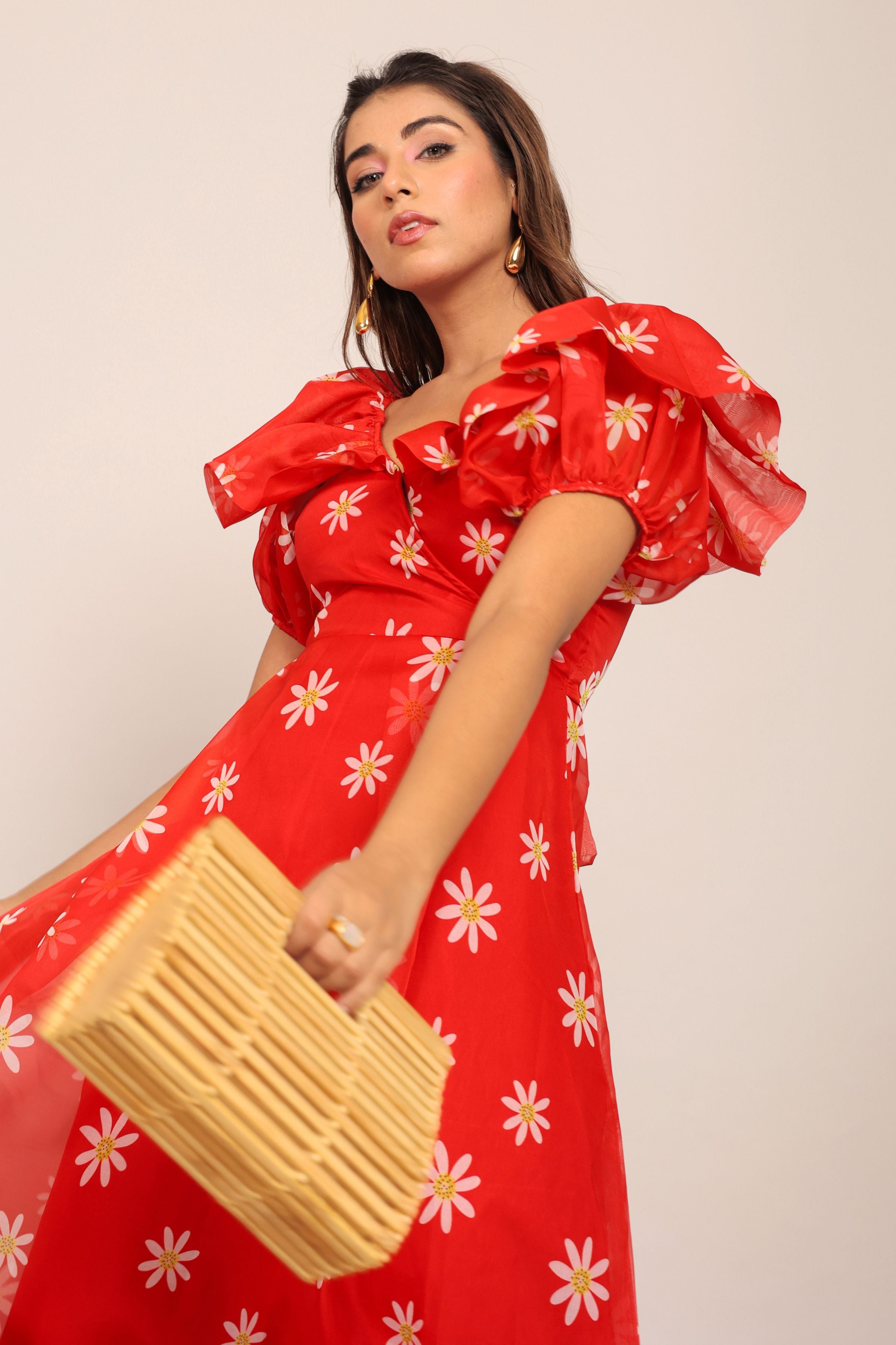 Red and White Floral Summer Midi Dress - Kaoribyshreya