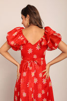 Red and White Floral Summer Midi Dress - Kaoribyshreya