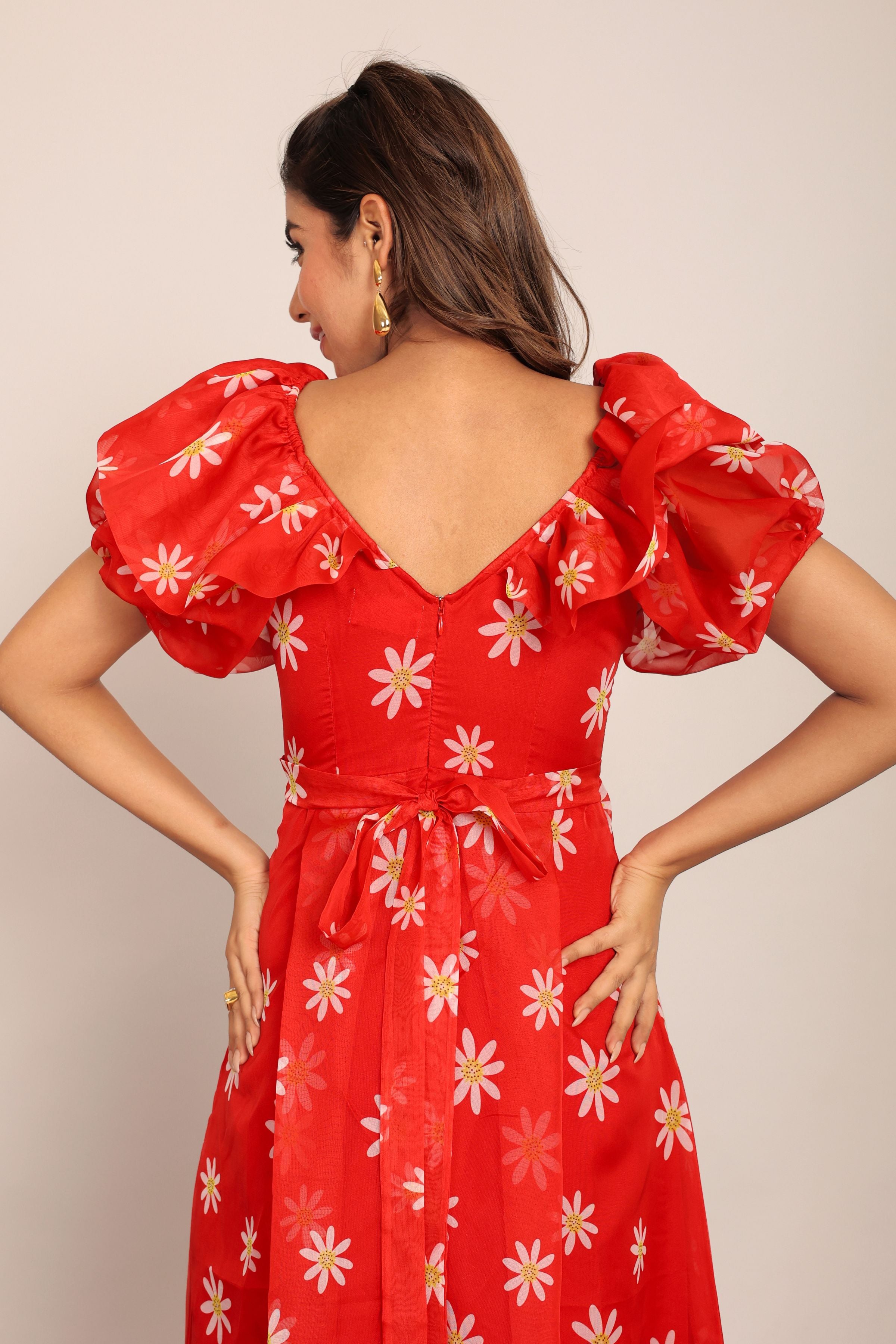 Red and White Floral Summer Midi Dress - Kaoribyshreya