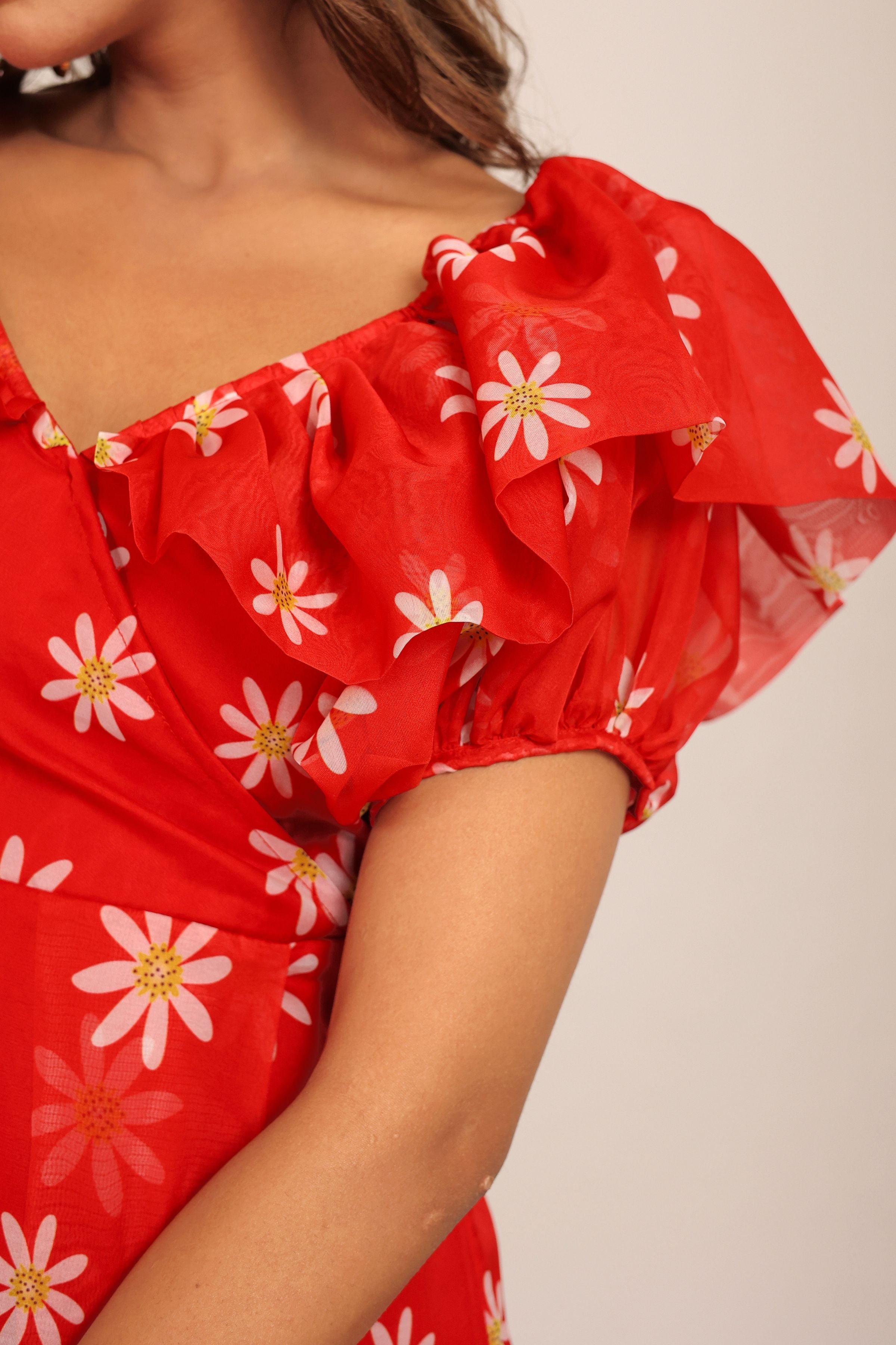 Red and White Floral Summer Midi Dress - Kaoribyshreya